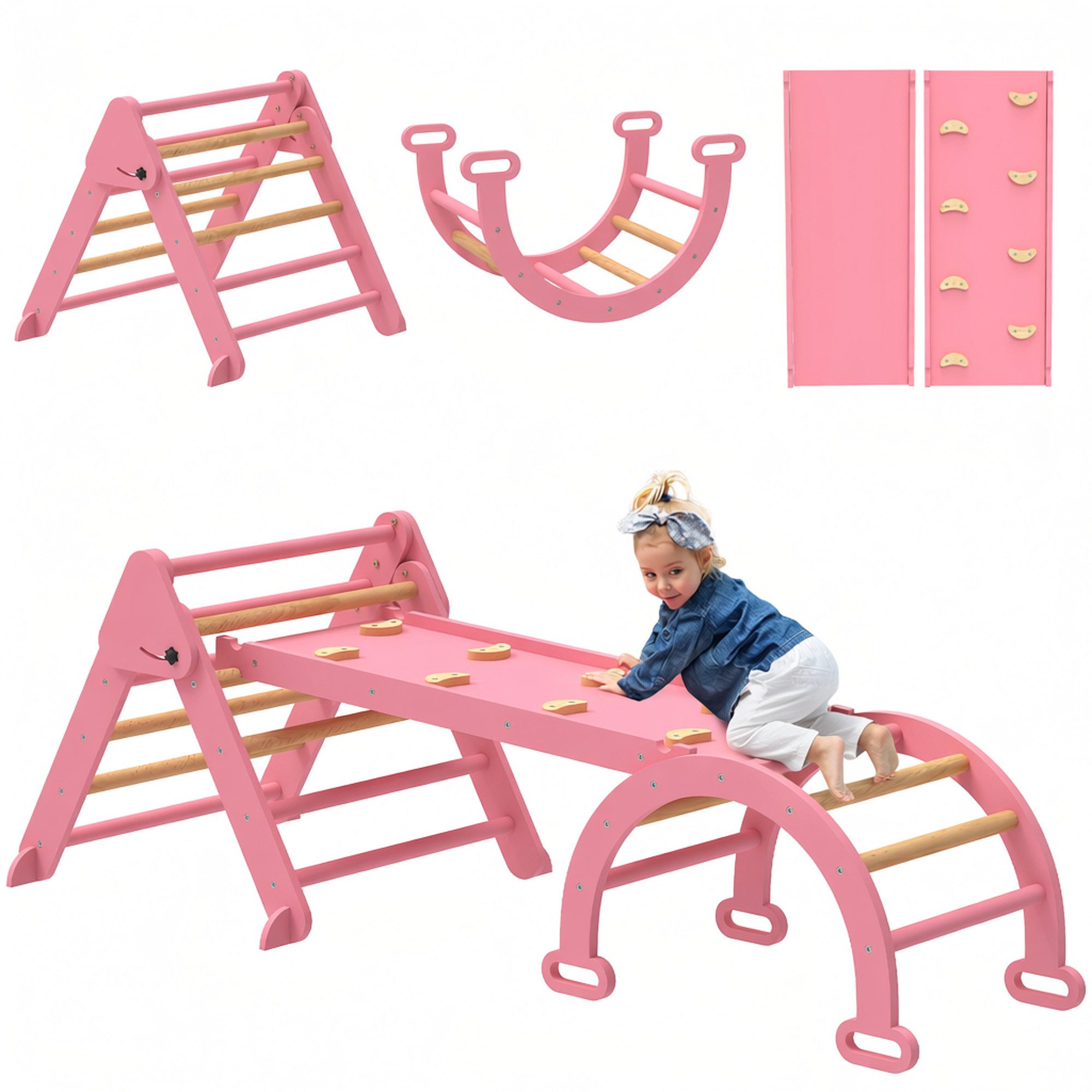AIYAPLAY Klettergerüst 7-in-1 Montessori Indoor, faltbar Holz mit Rutsche, Bogen, (5 in 1 klappbar Kletterdreieck, 3-St., Spielplatz Indoor), für Kinder 18-48 Monate, Rosa