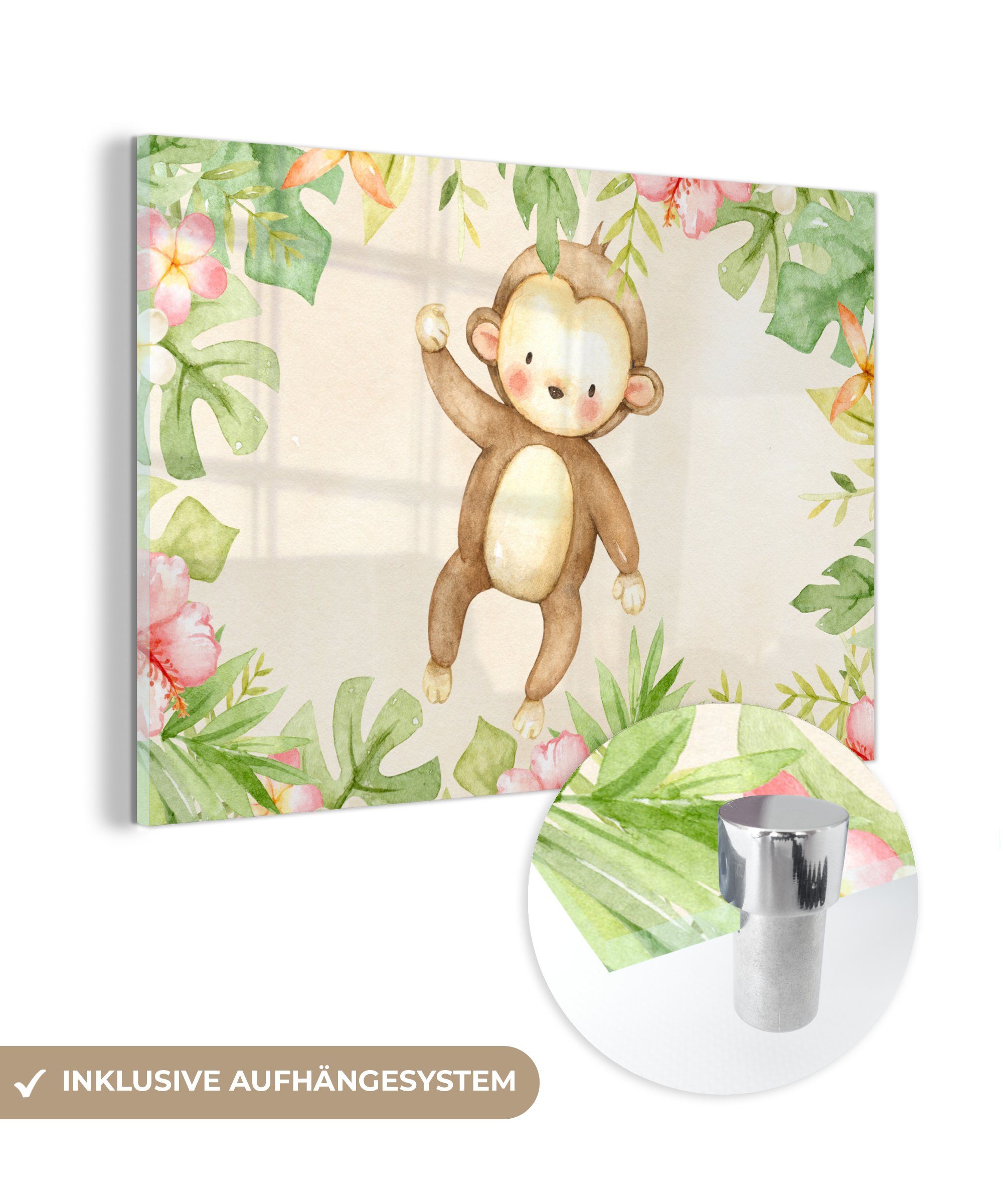 MuchoWow Acrylglasbild St), Affe (1 - Aquarell, & Blumen Schlafzimmer Acrylglasbilder - Wohnzimmer