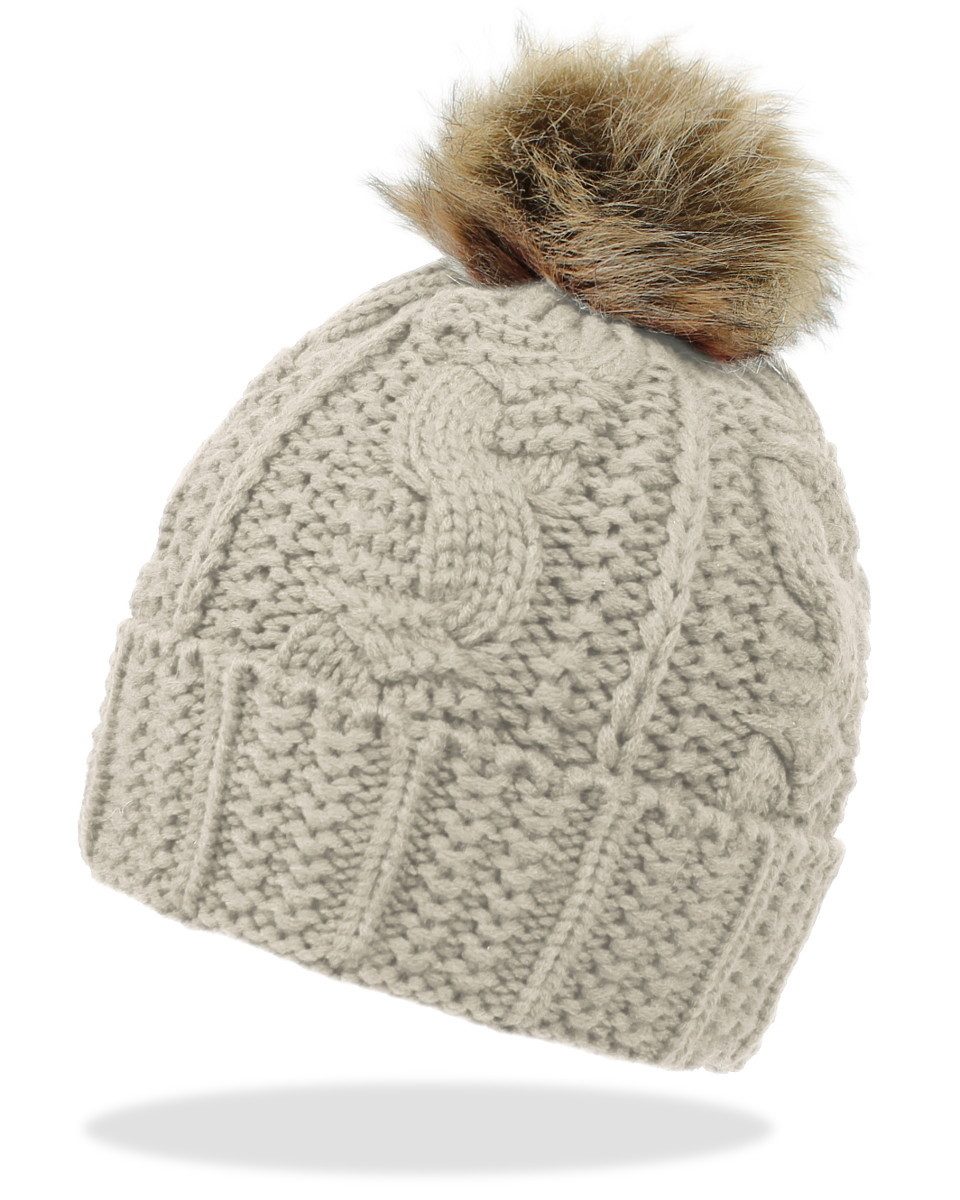 dy_mode Bommelmütze Damen Bommelmütze mit Innenfutter Strickmütze mit Bommel Winter Mütze mit Kunstfell Bommel