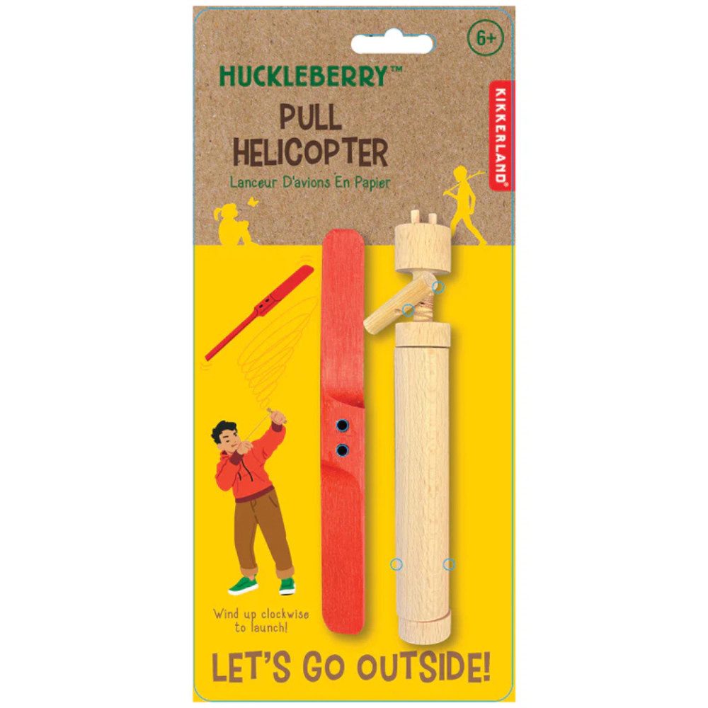Kikkerland Spielzeug-Hubschrauber Huckleberry Pull Helicopter Outdoor Helikopter zum Aufziehen aus Holz