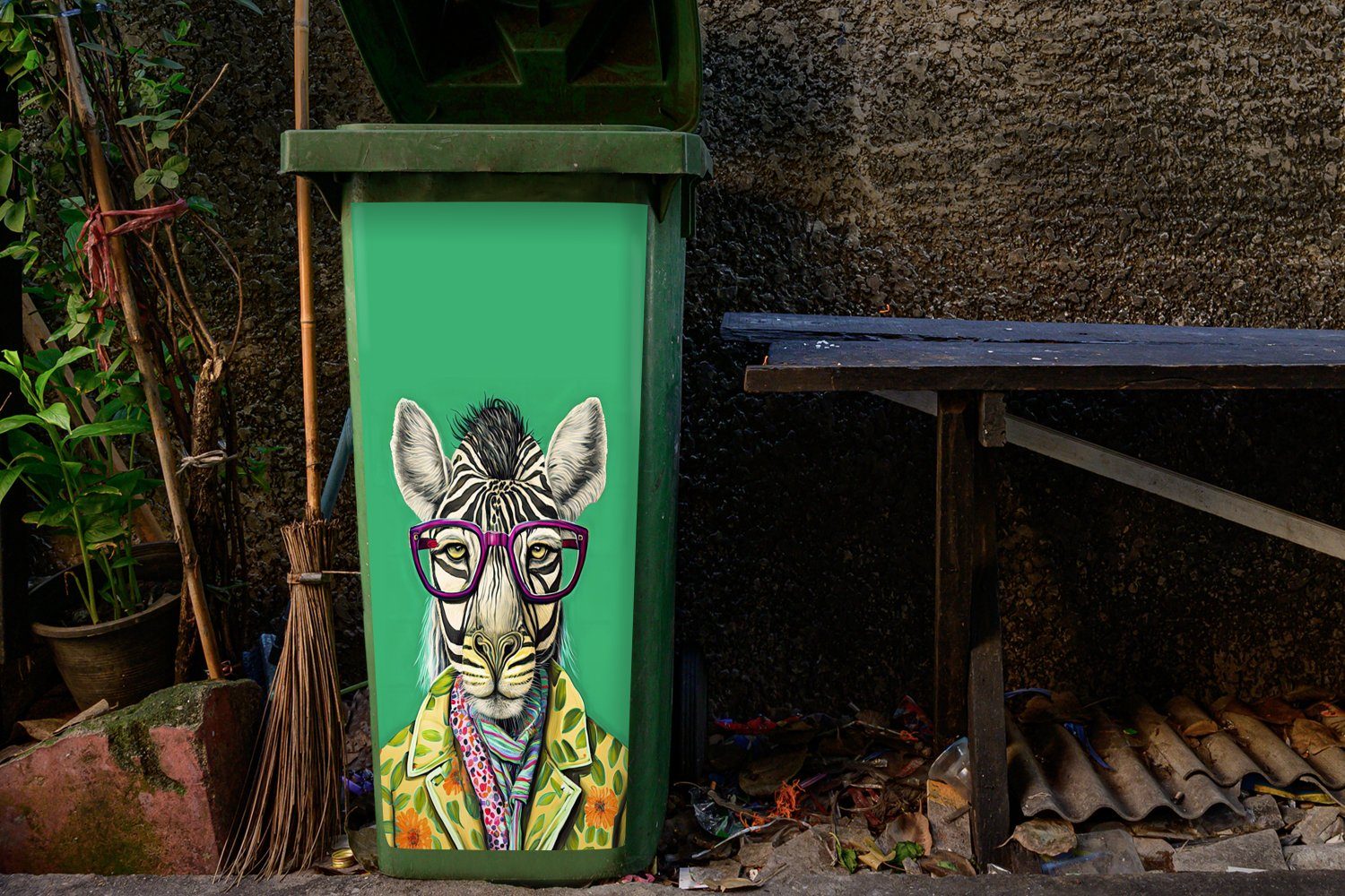 MuchoWow Wandsticker Zebra Abfalbehälter St), (1 Hippie Sticker, Brille - - Mülleimer-aufkleber, - Tiere Container, Mülltonne