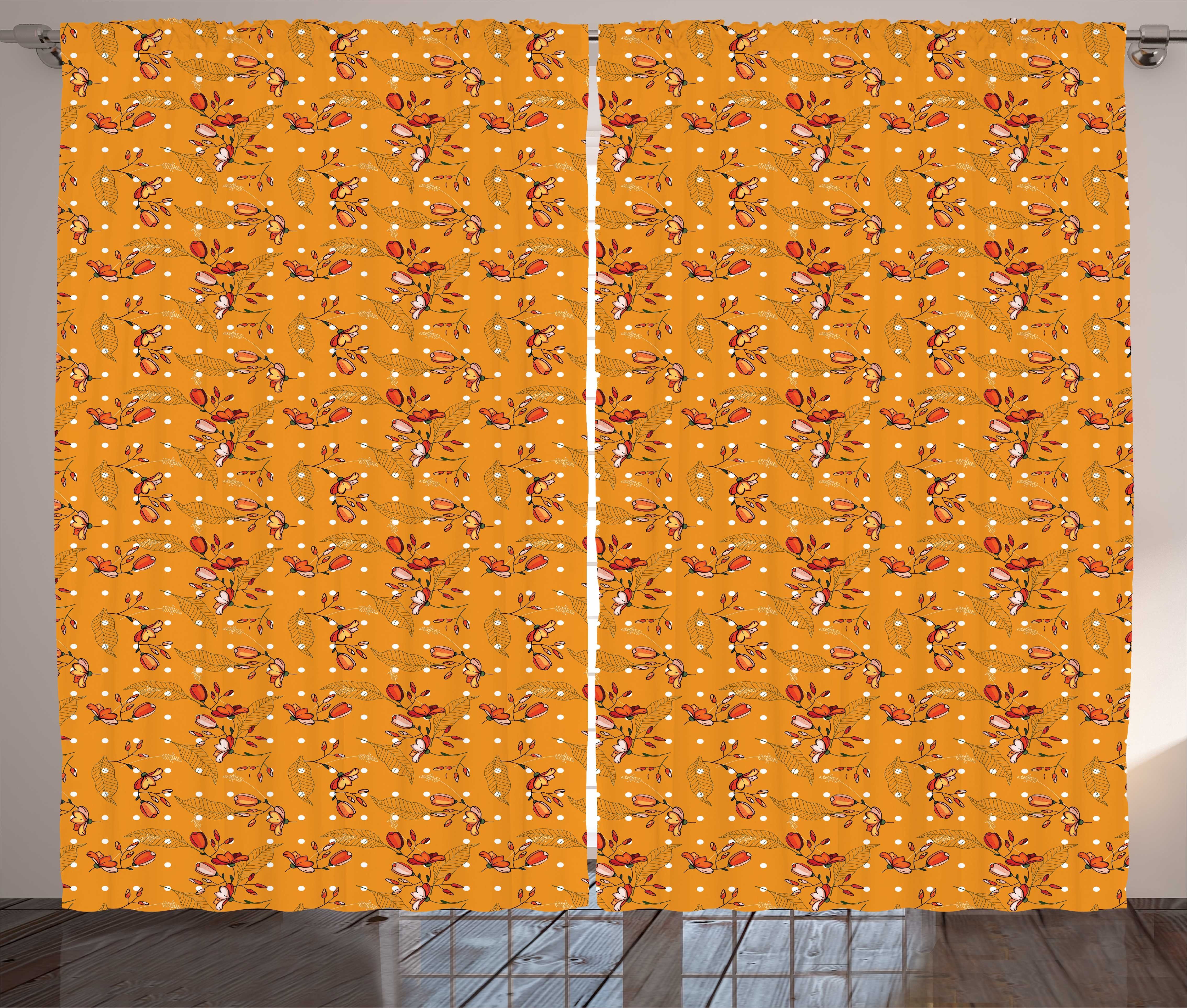 Haken, mit und Botanical Orange Blooms Abakuhaus, Gardine Schlaufen Schlafzimmer Vorhang Kräuselband Motiv Knospen