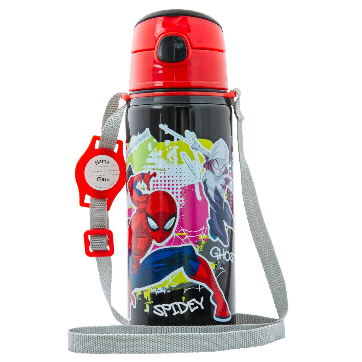 miniHeld Trinkflasche Kinder Trinkflasche Spiderman 600ml Schwarz Tragegurt Alu Marvel Held