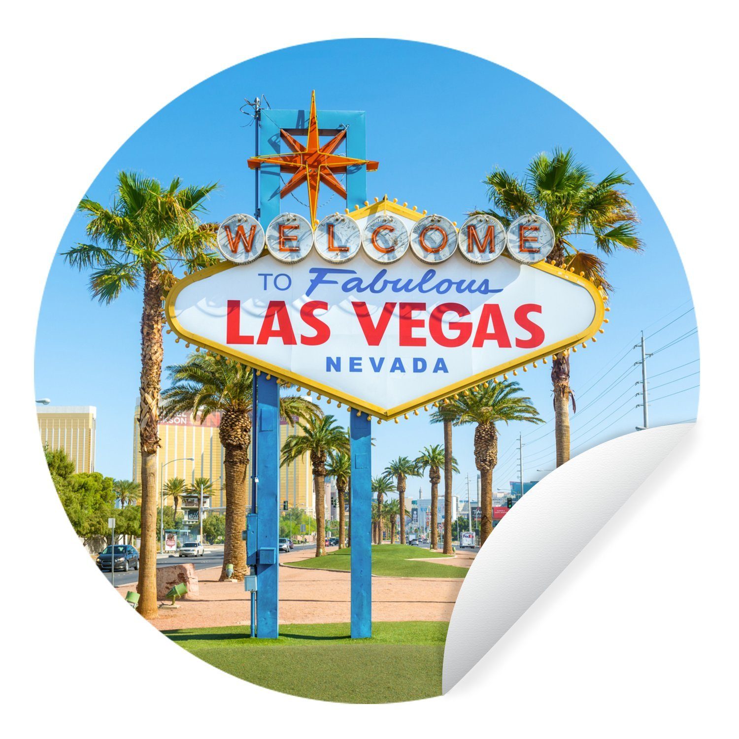 MuchoWow Wandsticker Willkommensschild in Las Vegas bei Tageslicht - Vereinigte Staaten (1 St), Tapetenkreis für Kinderzimmer, Tapetenaufkleber, Rund, Wohnzimmer
