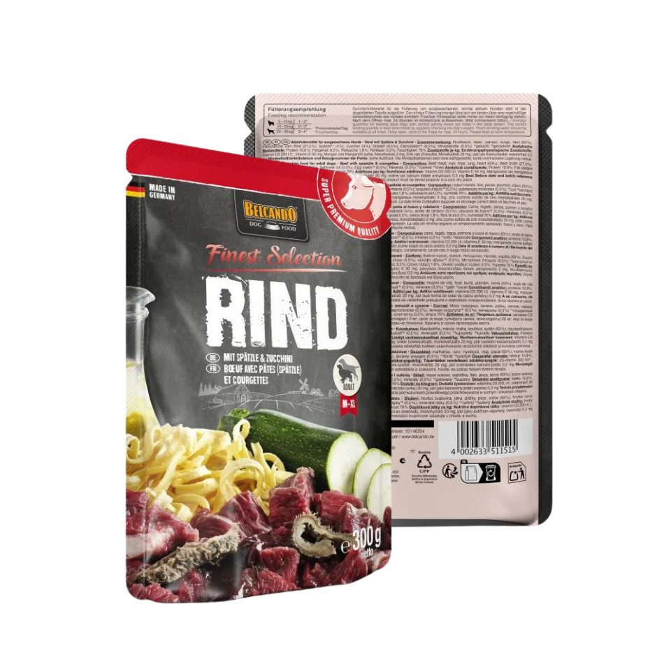 Belcando Rind mit Spätzle & Zucchini - Premium Nassfutter in Frischebeuteln 6x300g, Nassfutter für: Hunde