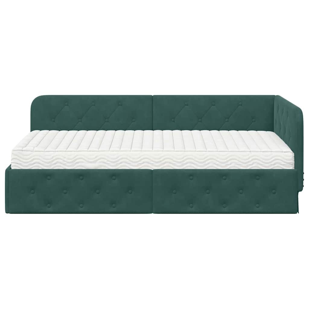 vidaXL Corner Bed Frame with Mattress, Dark Green, 90 x 200 cm, Velvet (1-piece)