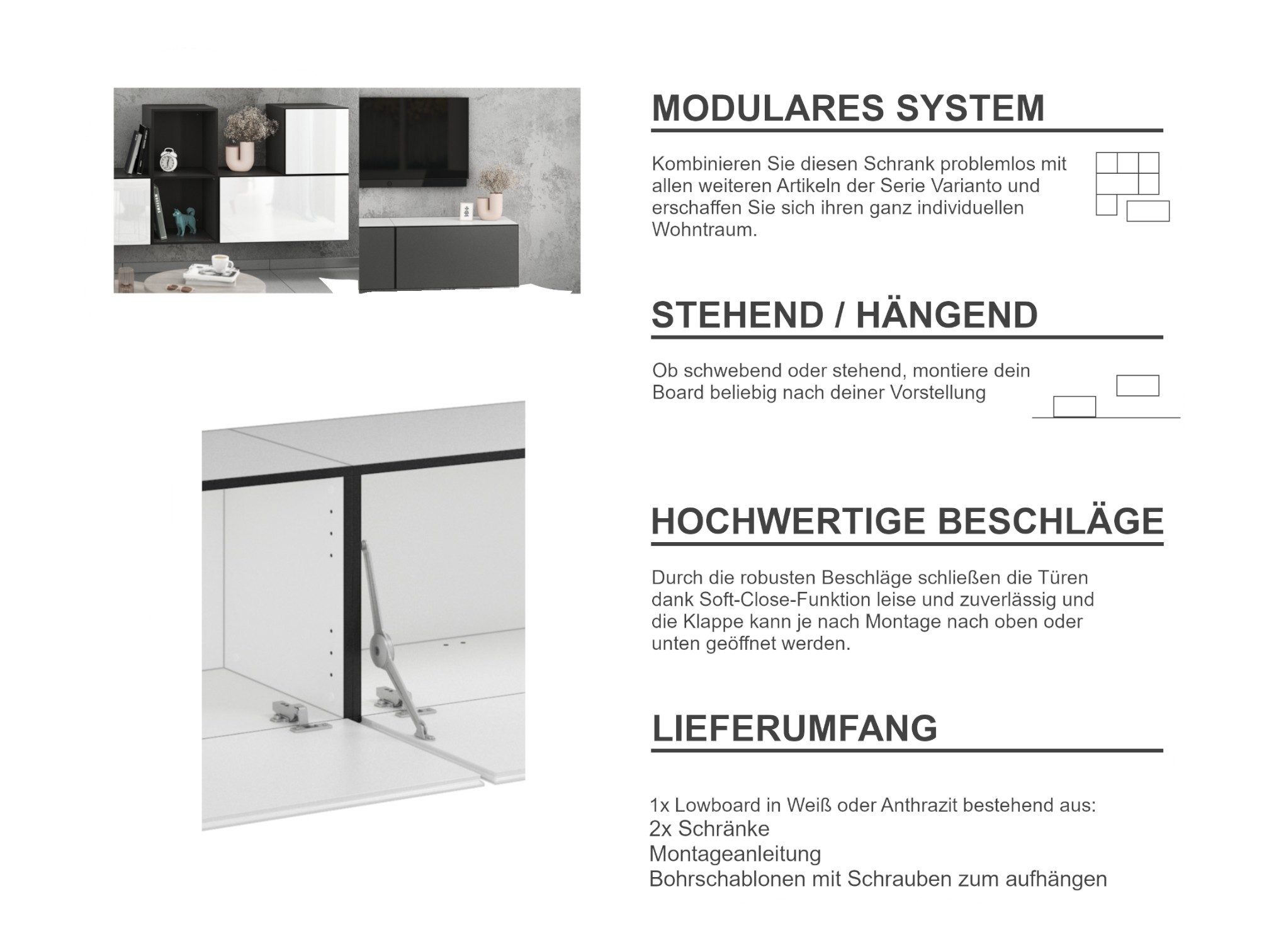 moebel-dich-auf Wohnwand VARIANTO 5, (5- teilig., 3x Schrank mit Klappe, 1x Regal offen, 1x Schrank mit Tür)