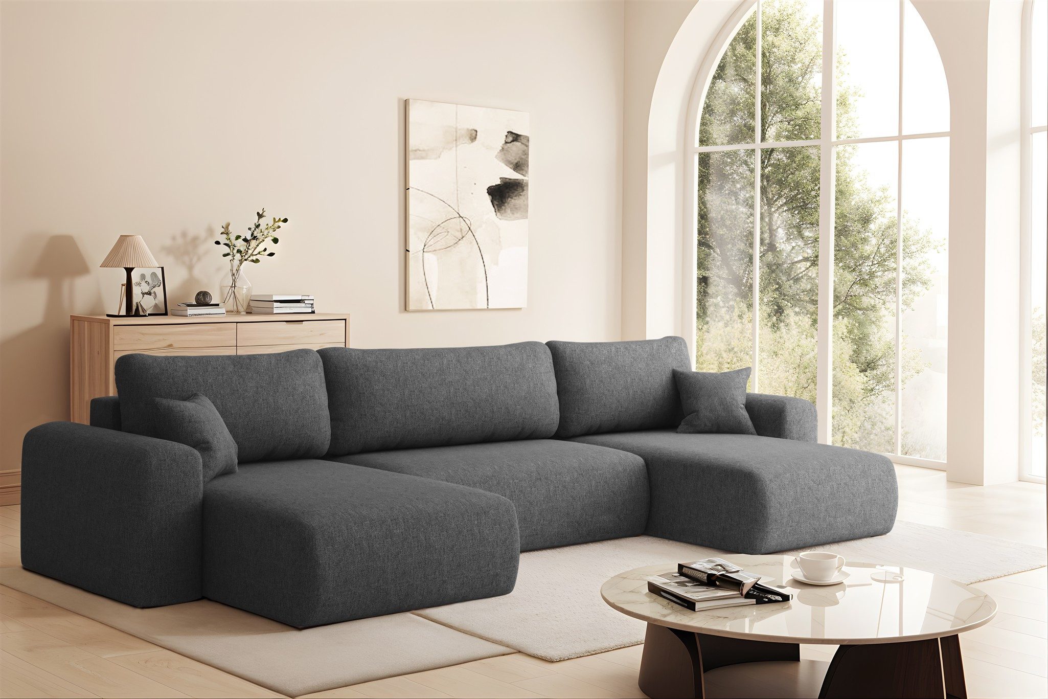 Fun Möbel Wohnlandschaft Sofa FLORA mit Schlaffunktion in Stoff, Rundumbezug, inklusive Bettkasten, Sofa U-form