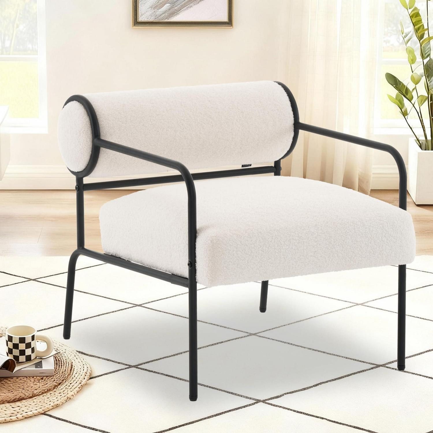 LuxusKollektion Loungesessel Sessel Loungesessel Teddy Lammwolle Armlehne Wohnzimmer Weiß