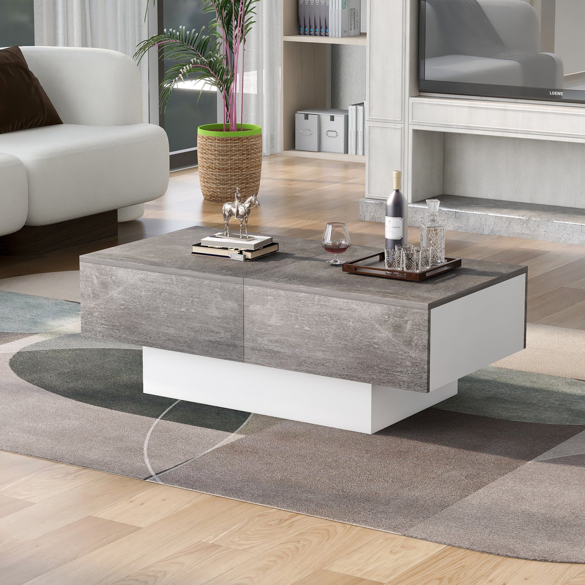 Celya Couchtisch Weiß für Hochglanz und mit Stauraum Sofatisch Wohnzimmer, ausziehbarem Tisch Grau