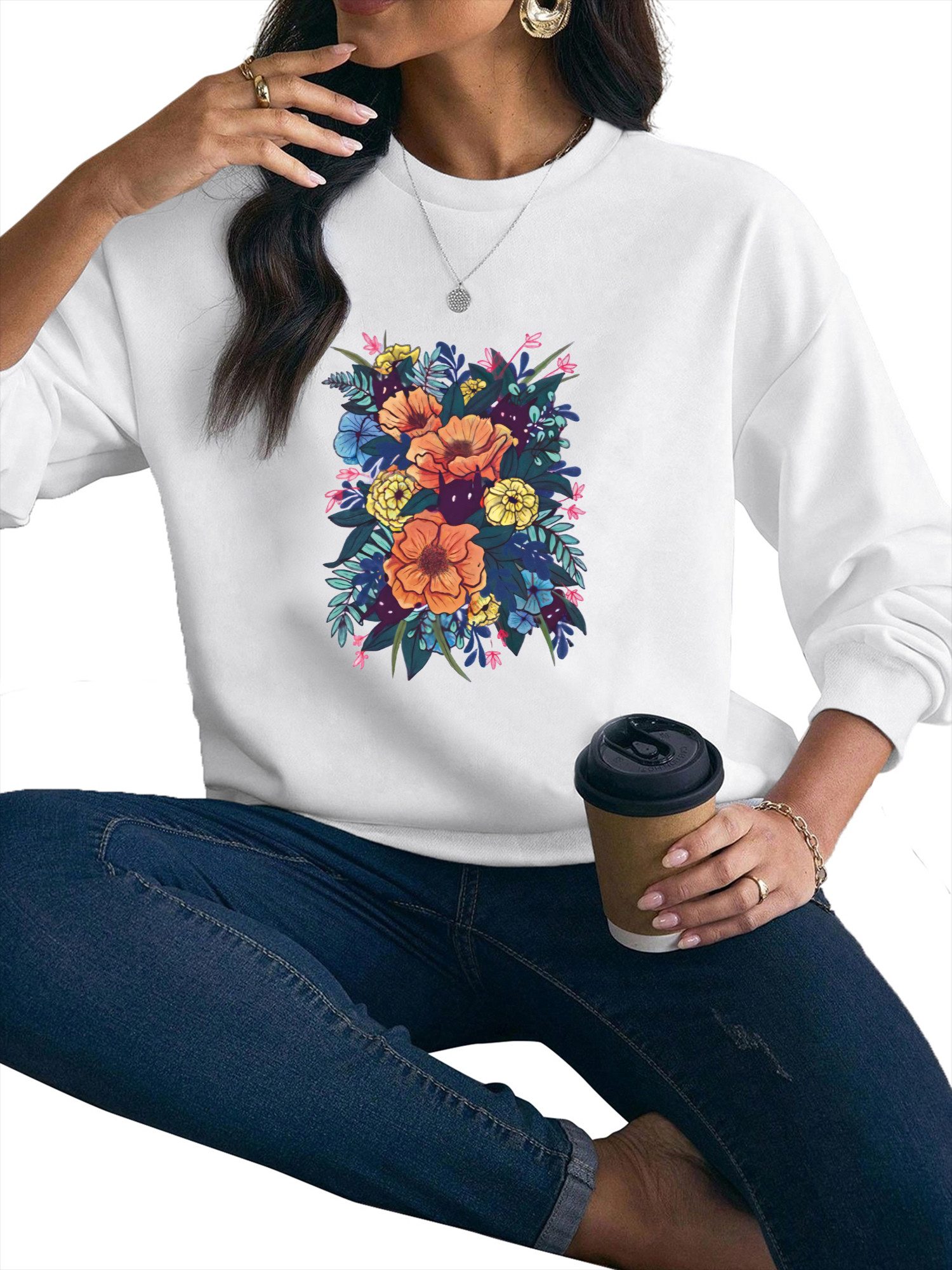 PYLIKE Fleecepullover Fleecepullover Damen,Sweatshirt mit Blumen Print,Langarm Lockerem Fit Bequem für Herbst & Winter