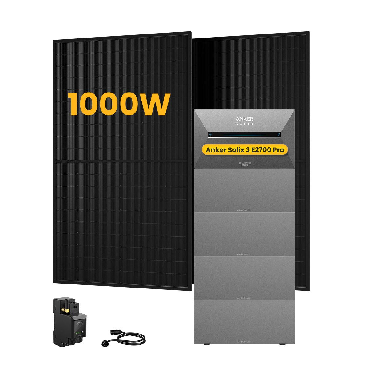 Anker Balkonkraftwerk 1000W Anker SOLIX Solarbank 3 E2700 Pro mit Smart Meter, 0-5x BP2700, (Smart Meter und 2x 500Wp Full Black im Lieferumfang enthalten), Speicher mit integriertem Wechselrichter, All-in-One 2,668kWh Akku
