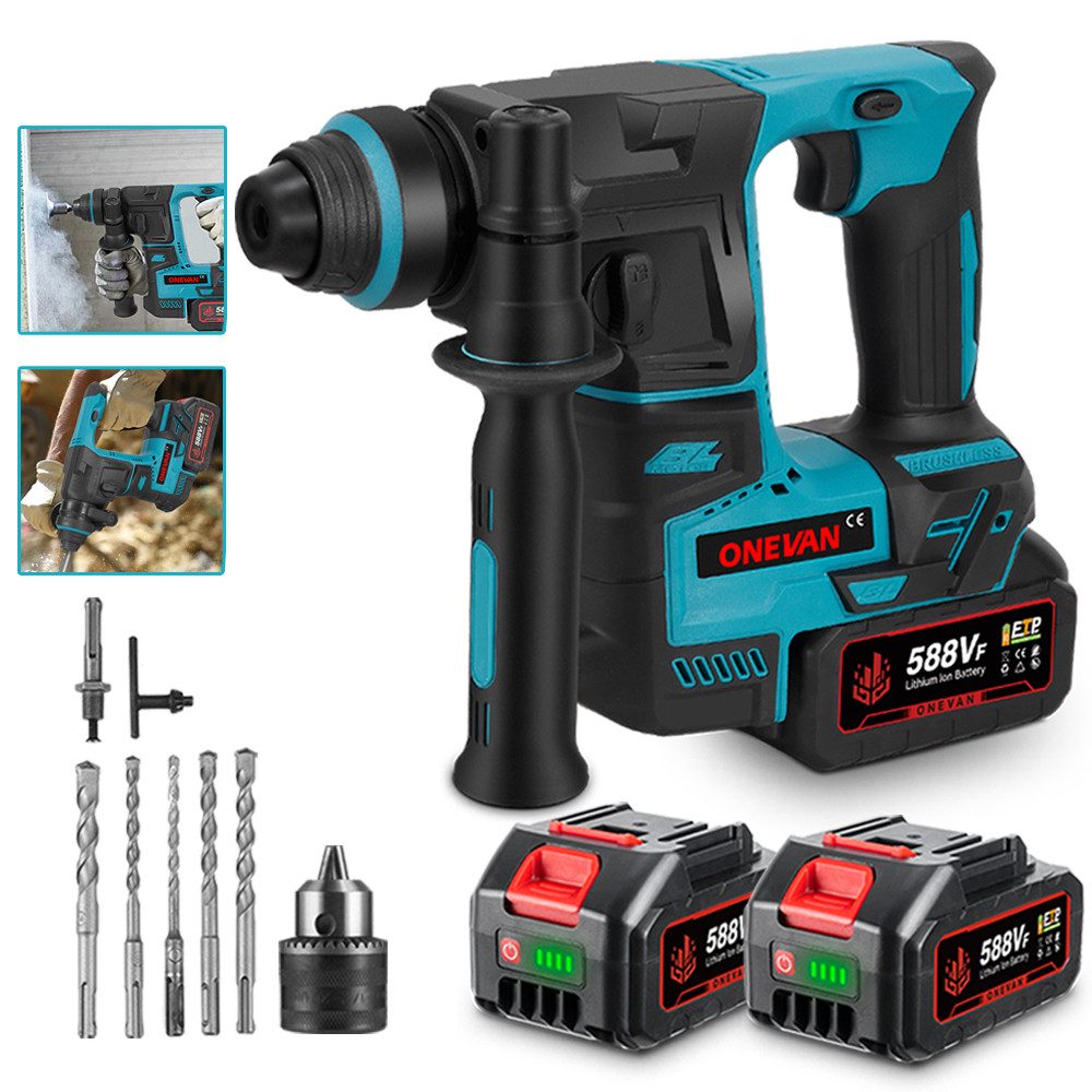 ONEVAN Akku-Bohrhammer Bürstenloser SDS-Plus Schlagbohrhammer mit 2x Akkus, günstig online kaufen