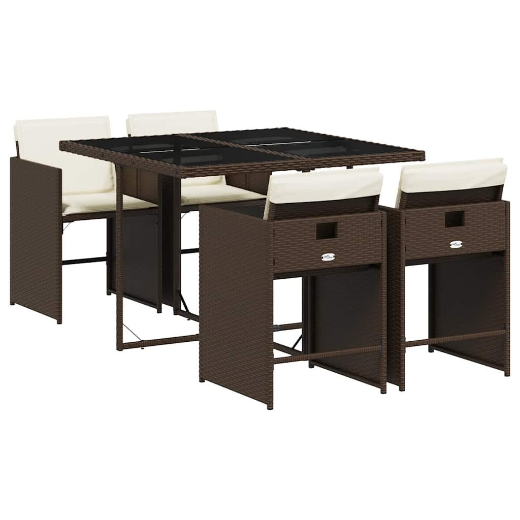 vidaXL Garten-Essgruppe 5-tlg. Garten-Essgruppe mit Kissen Braun Poly Rattan, (4-tlg)