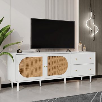 WISHDOR TV-Schrank Fernsehtisch, TV-Board (mit 2 Schubladen und 4 Fächern, mit Polyrattan-Geflechten Türen) für Ihre Rattandesign