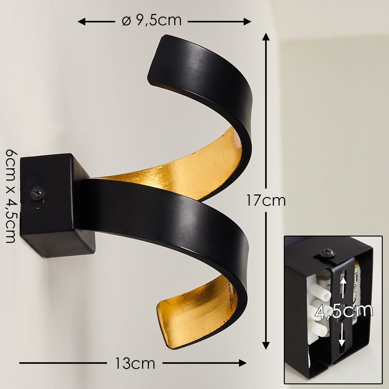 hofstein Wandleuchte »Delia« LED Wandlampe spiralförmige aus Metall in Schwarz/Gold, 3000 Kelvin, m. 6 Watt, 360 Lumen, Innen mit Up & Down-Effekt