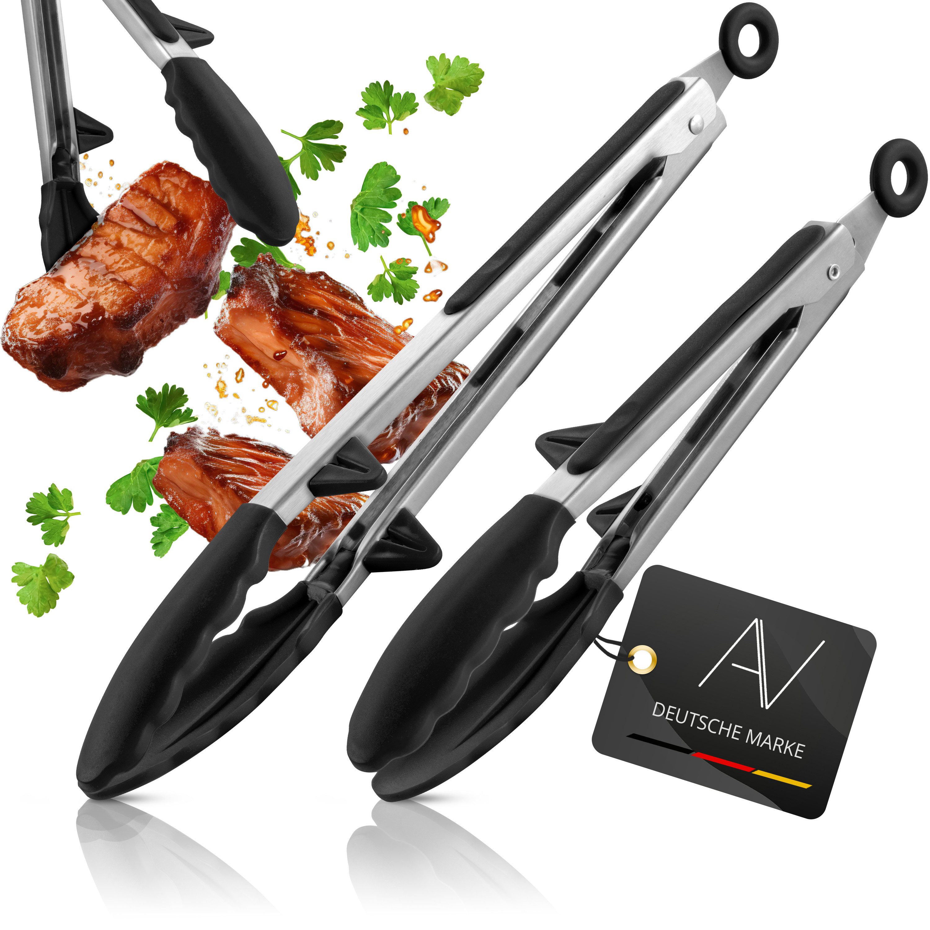 AVANA Kochzange Edelstahl Küchenzange Silikon Grillzange Zange Kochen Mehrzweckzange, mit integriertem Standfuß, 2er Set