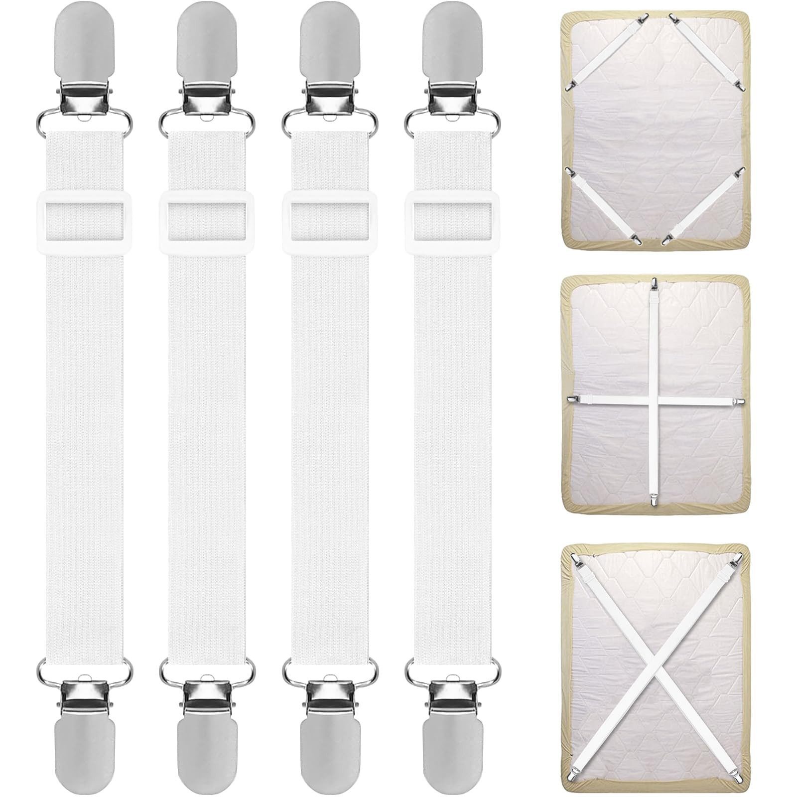 FOUORTUNATE-BEE Spannbettlaken Bettlakenspanner Verstellbar, Elastische Bettlakenspanner, (4 Stück), Lakenspanner mit Metallclips (30-130 cm) für Bettlaken, Matratze, Sofa