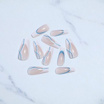 AUKUU Kunstfingernägel Einfache Einfache Linie blauer Glitzer mittlere, Ballett-Maniküre-Nagelaufkleber süßer Stil tragbare Nägel