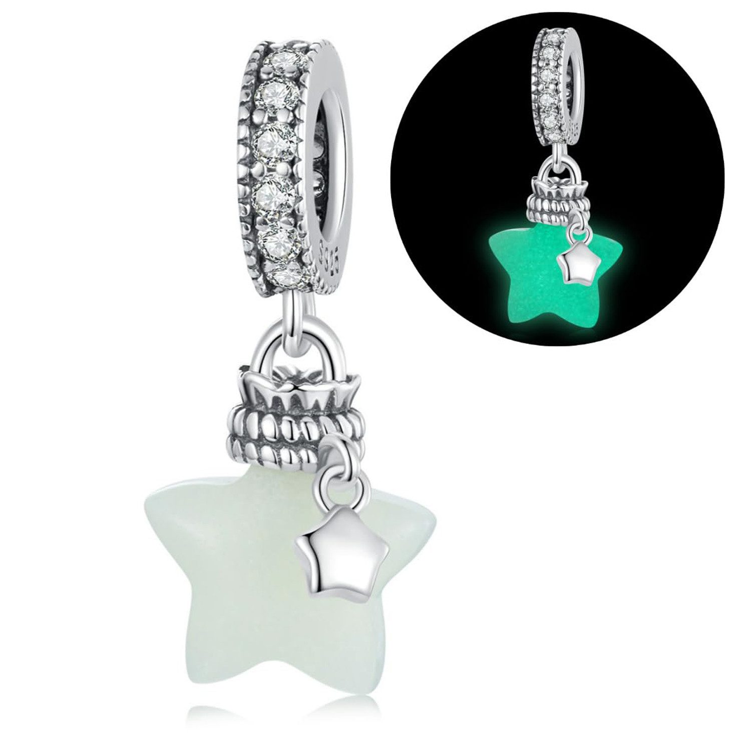 MOPUEA Charm Schmetterling Stern Leuchtender Bead Charmsanhänger Stern 925 Sterling Silber (Schmuck Geschenk für Damen Stern Wunschflasche diy Anhänger leuchtet, 1-tlg., 5A Zirkonia Charm Anhänger Pendant für Europäische Armband Halskette), im Dunkeln Leu