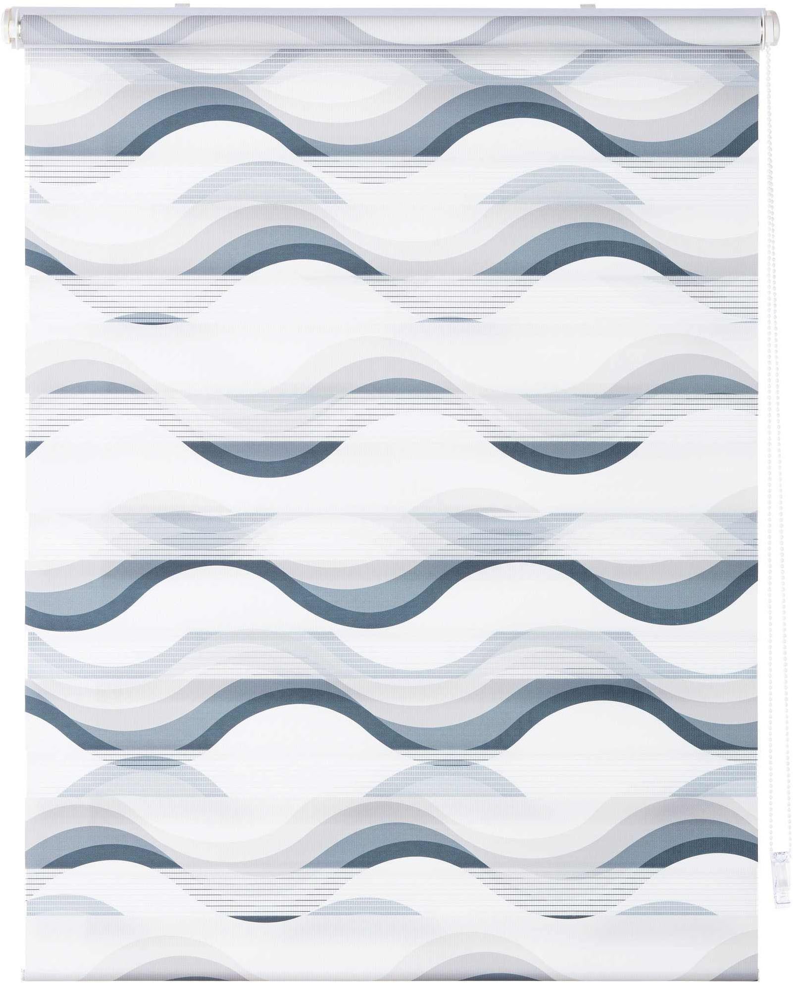 Doppelrollo Wellen Design, K-HOME, Lichtschutz, ohne Bohren, freihängend, Klemmfix, Bedruckt mit Muster