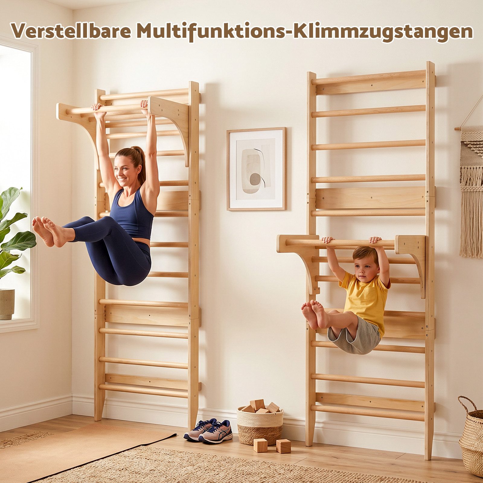 Hausright Sprossenwand für Erwachsene und Kinder, Höhenverstellbar Klimmzugstange Kletterwand, (Klettergerüst, Sprossenwand, Klimmzugstange, Strickleiter, Turnringe, Runde Trapez), Gymnastikstange aus Holz Wandmontage