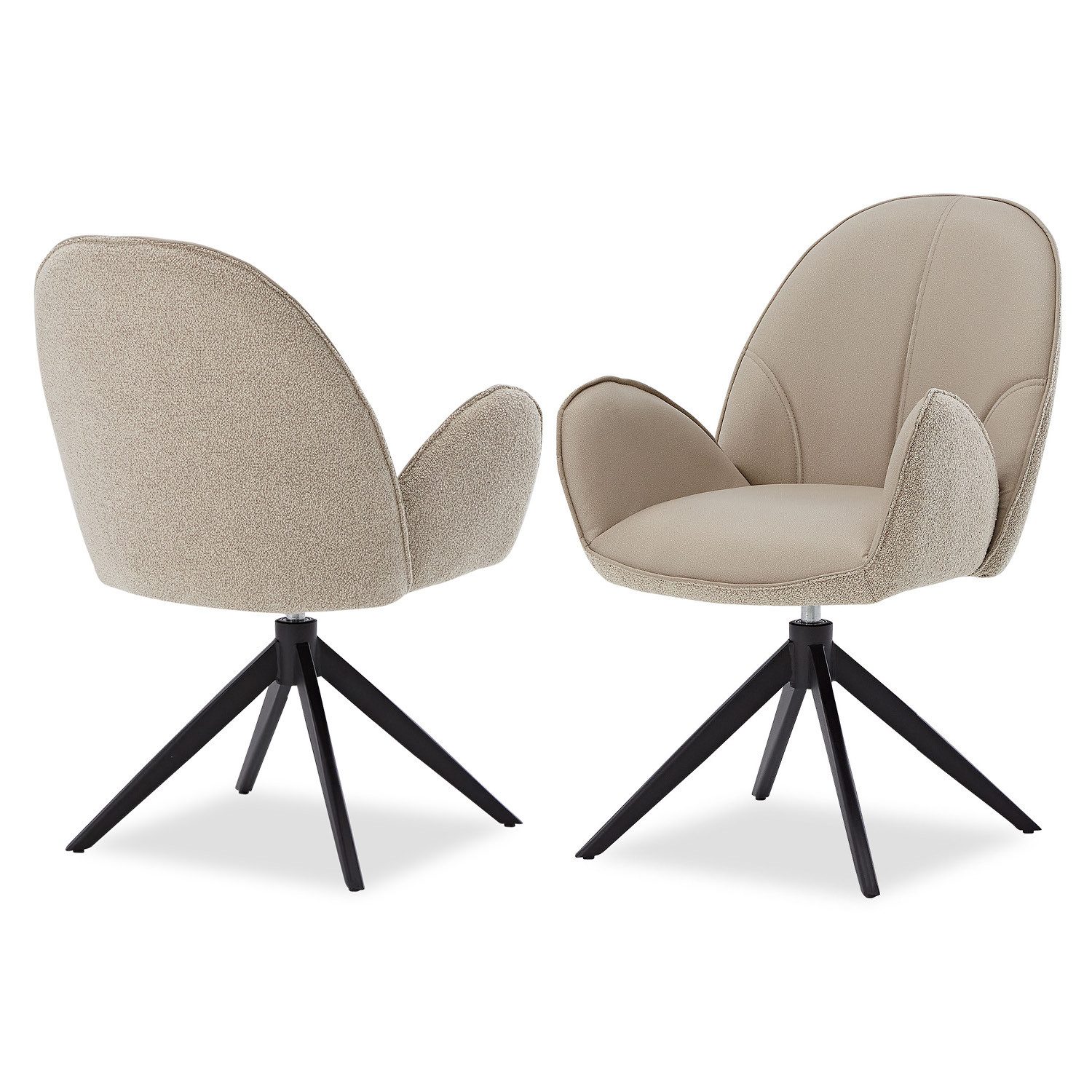 Homestyle4u Armlehnstuhl Esszimmerstuhl Bouclé Drehbar Braun Rückschwung Lounge Vintage (2er Set, Beige/Almond Milk, außen Bouclé Bezug, innen Kunstleder, drehbar, Rückschwung Funktion, 2 St), Essstuhl