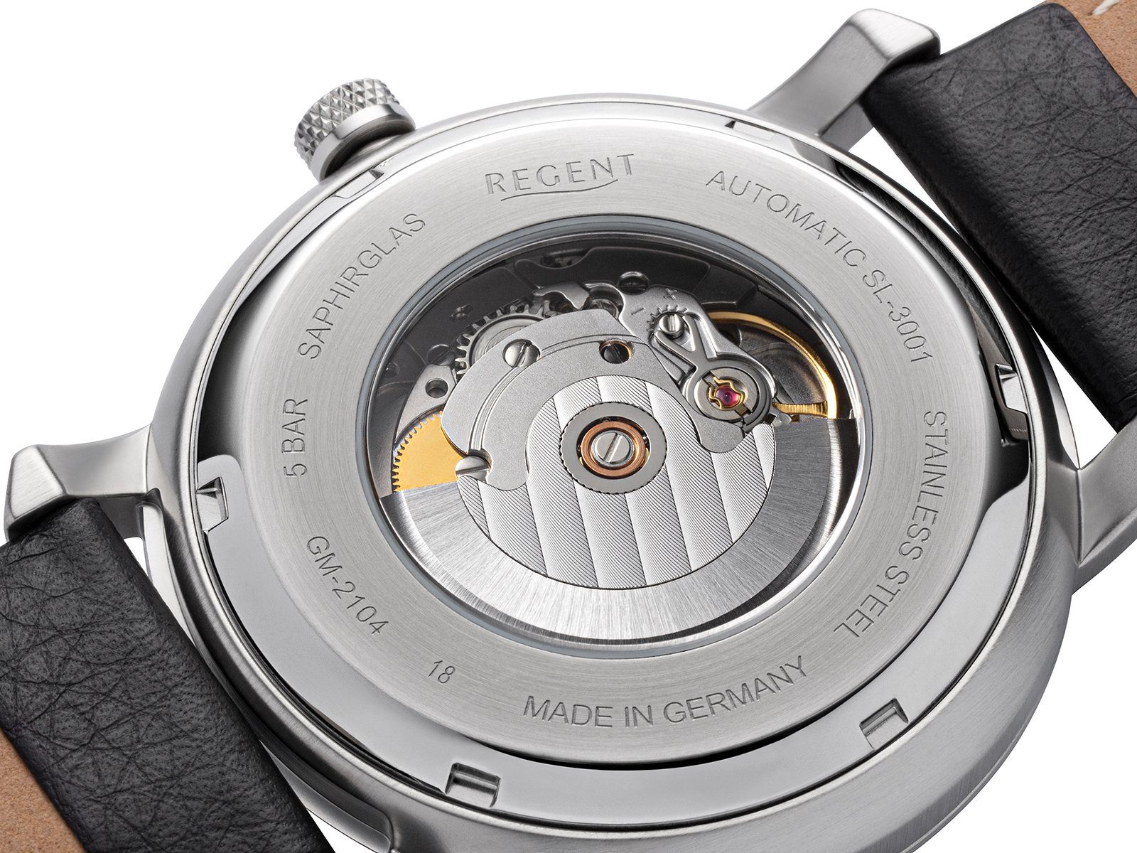 Regent Automatikuhr Saphirglas, Made in Germany, Glasboden