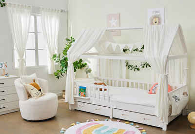 Vorhang Komplett SET mit Hausbett DEKO, Alavya Home®, Schlaufen (2 St), Lichtschutz, 100% Bio-Musselin Baumwolle, Vorhänge 100 x 150 cm Kurz 2er-Set für Kinderzimmer