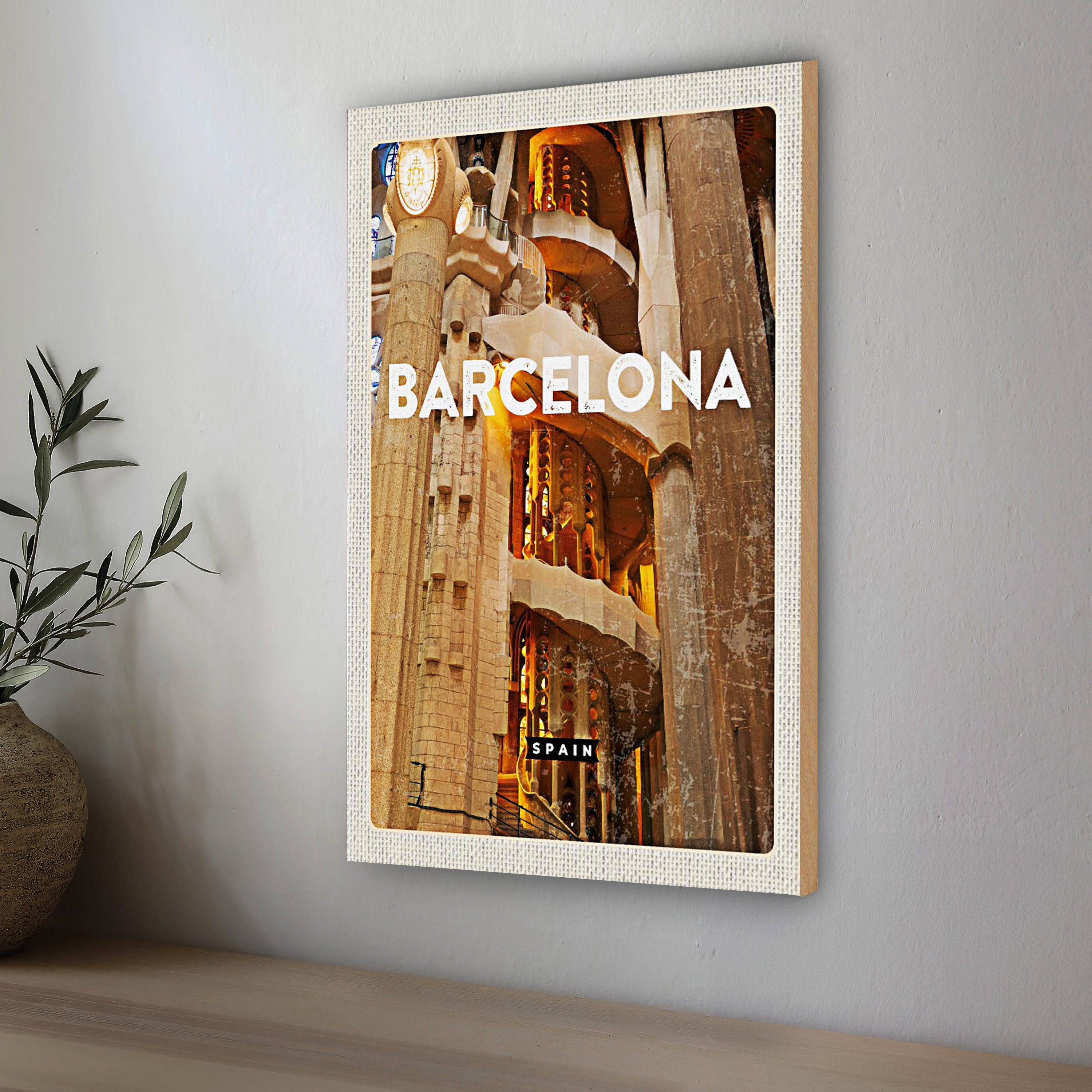 Roomando Holzbild Reise 30x40cm Barcelona Spanien Mittelalter Bild