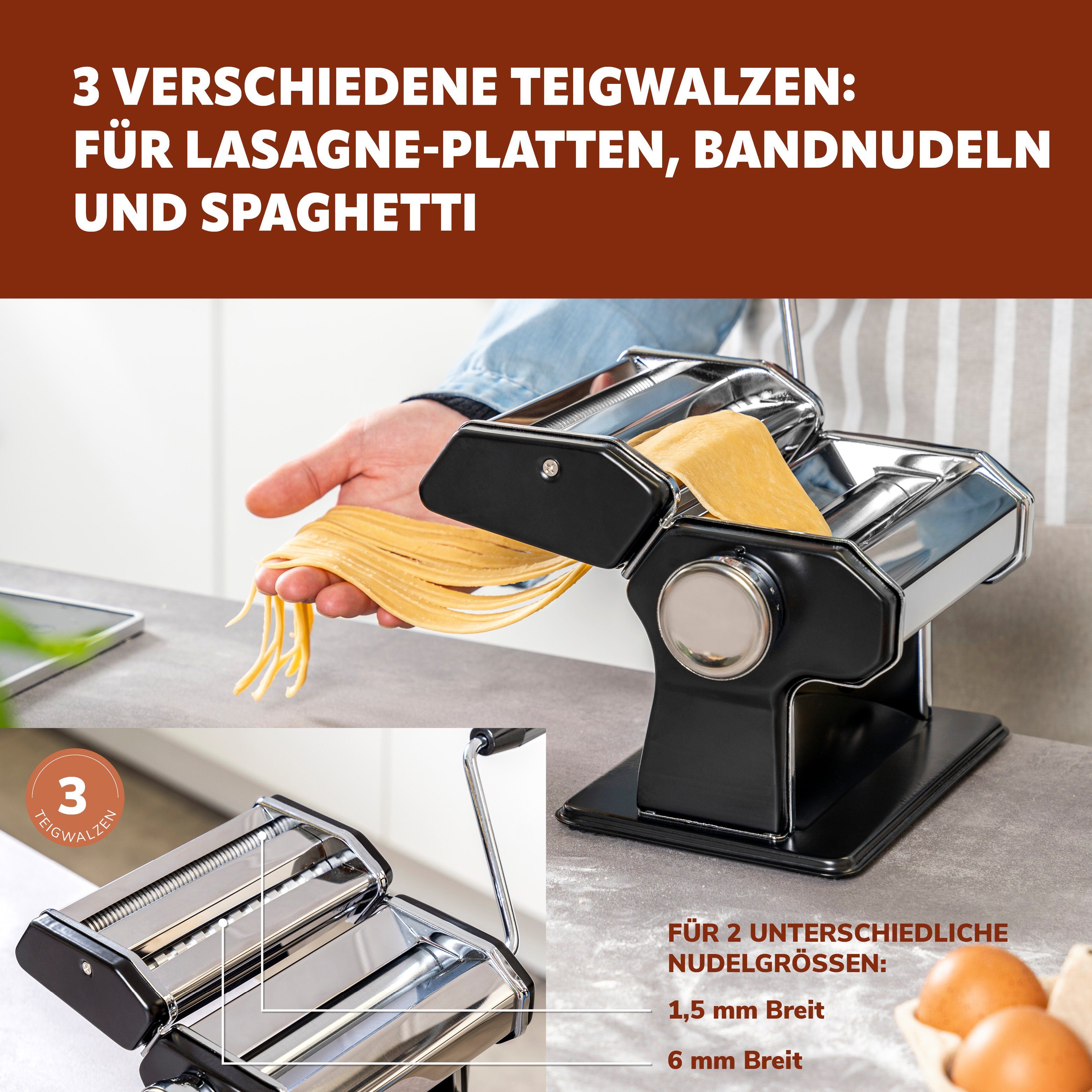 bremermann Nudelmaschine Pasta Lasagne Edelstahl und 7 Stufen, Nudeltrocker Set, inkl. als Spaghetti, für