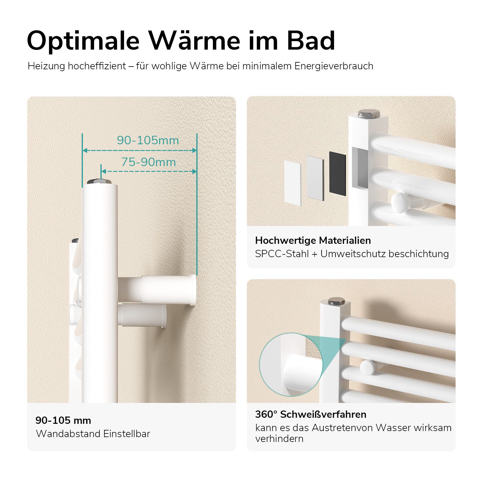 EMKE Badheizkörper Handtuchheizkörper Badezimmer Handtuchtrockner für kleines Bad, Handtuchwärmer Mittelanschluss 3/4 qm Raum 244-337W