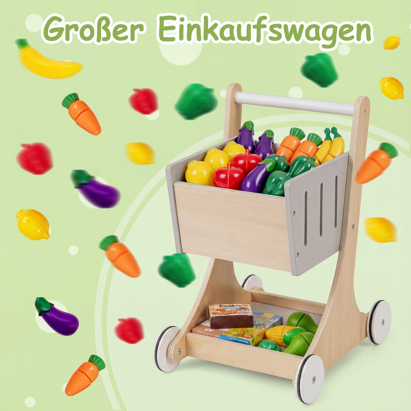 COSTWAY Kaufladen, Kaufmannsladen holz mit Einkaufswagen, Spielzeug, Kasse