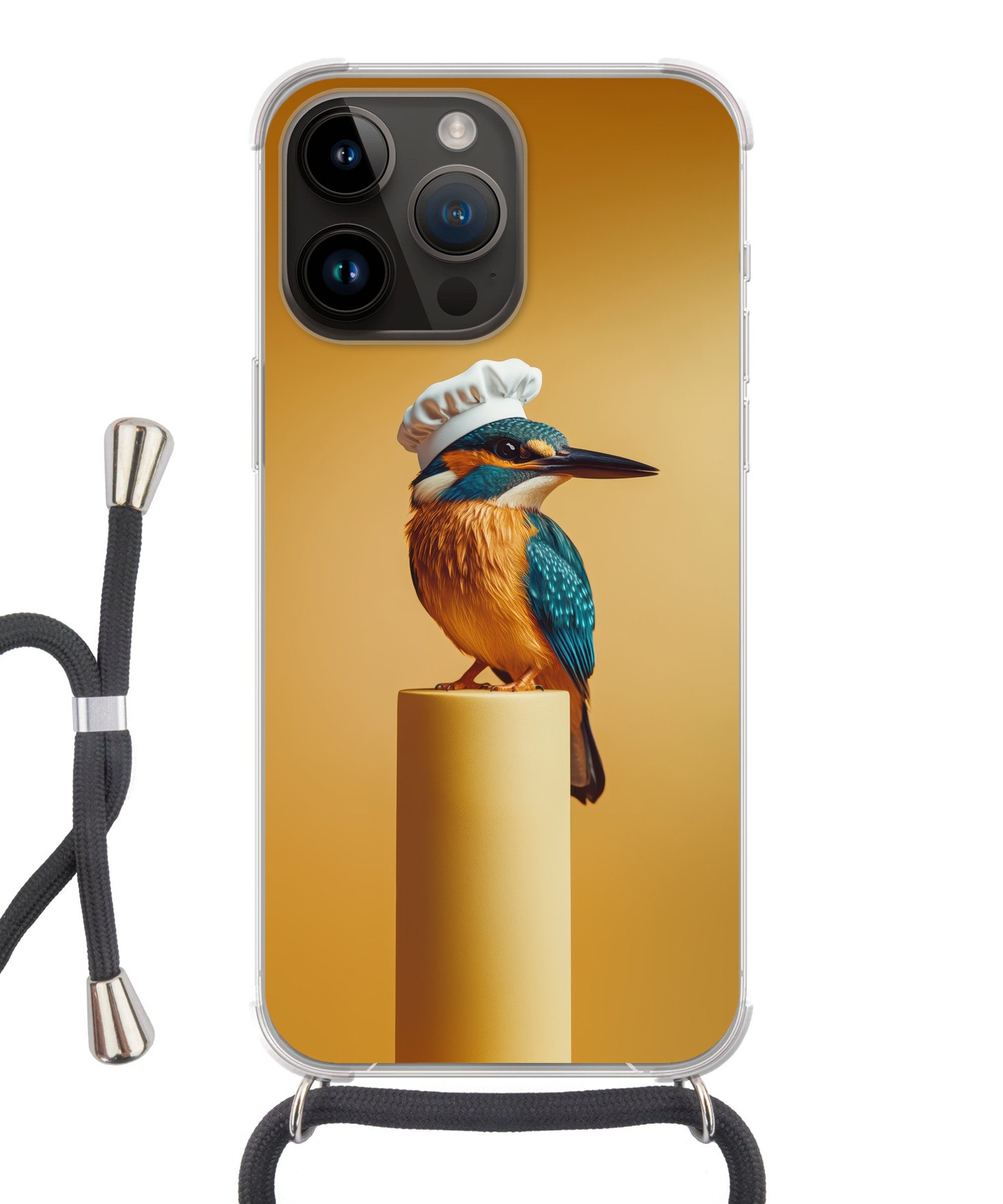 MuchoWow Handyhülle für Apple iPhone 14 Pro Eisvogel - Säule - Kochmütze - Vogel, Tragbare Handyhüllen mit Kette zum umhängen, Handykette Handyband