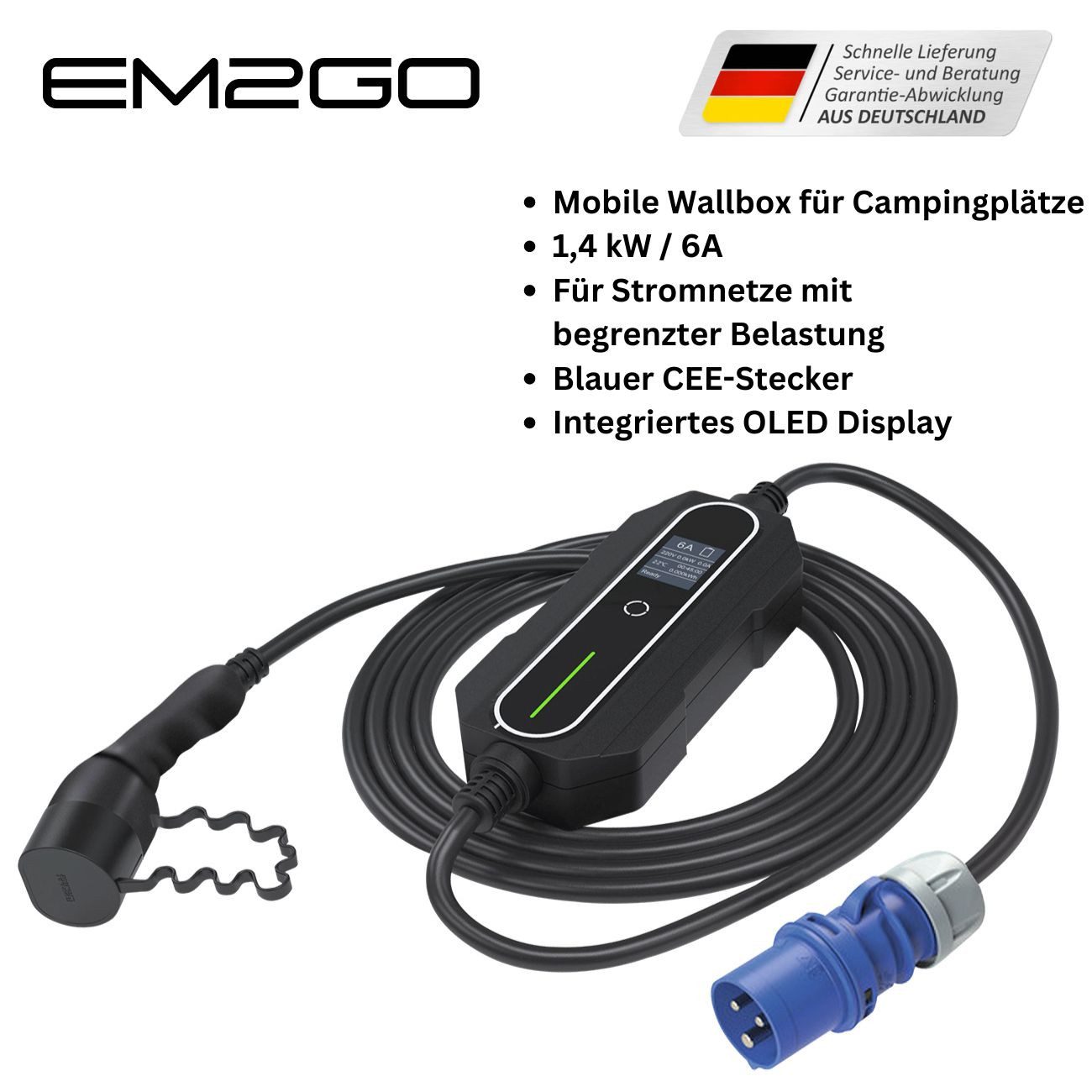AC Portable Charger, Charge Power Meter, CEE Blau 5m, 1,4 kW / 6A Autoladekabel