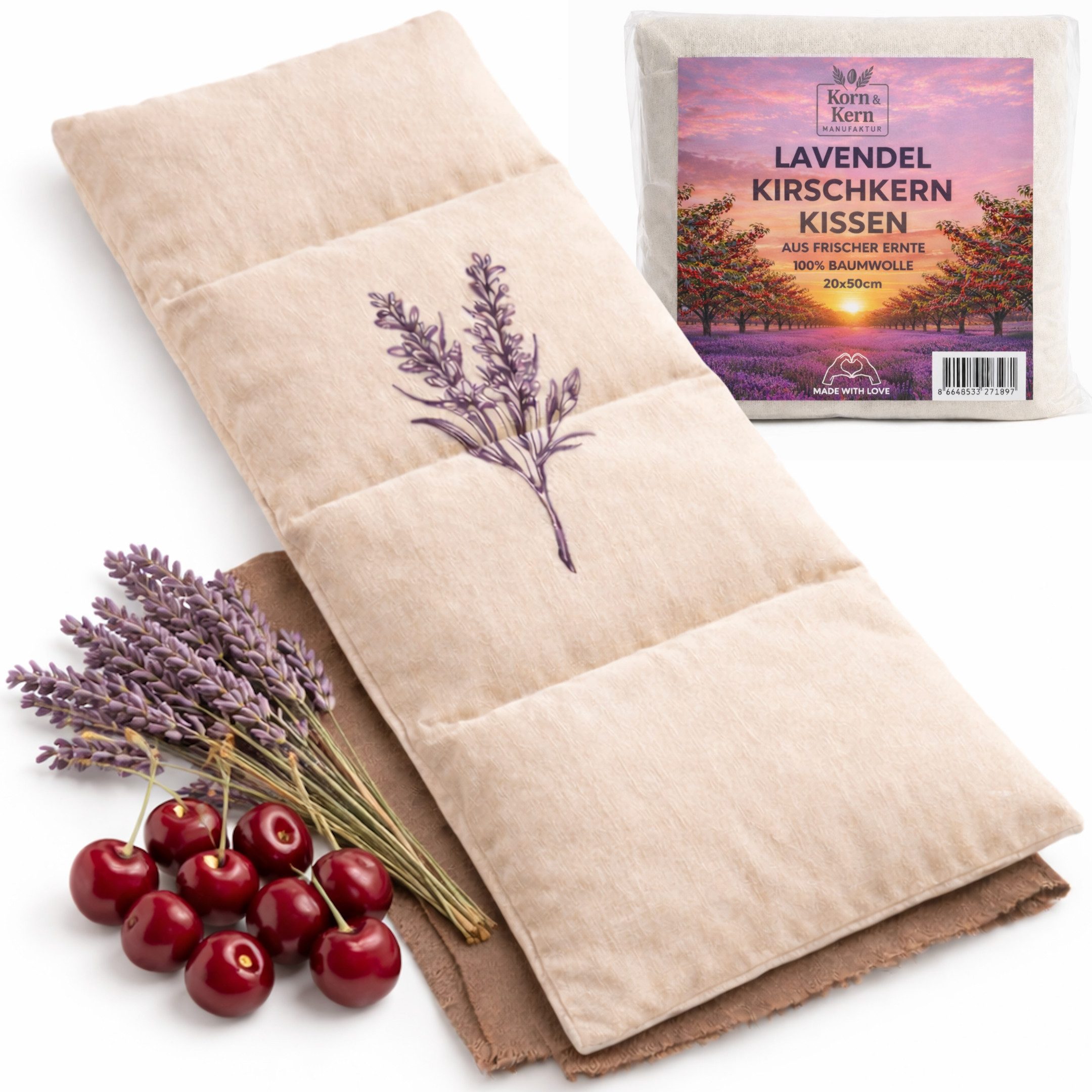 Korn & Kern Manufaktur Wärmekissen Kirschkernkissen mit Lavendel – Mikrowellengeeignetes Wärmekissen, (1-tlg), gegen Verspannungen in Nacken, Schultern und Rücken