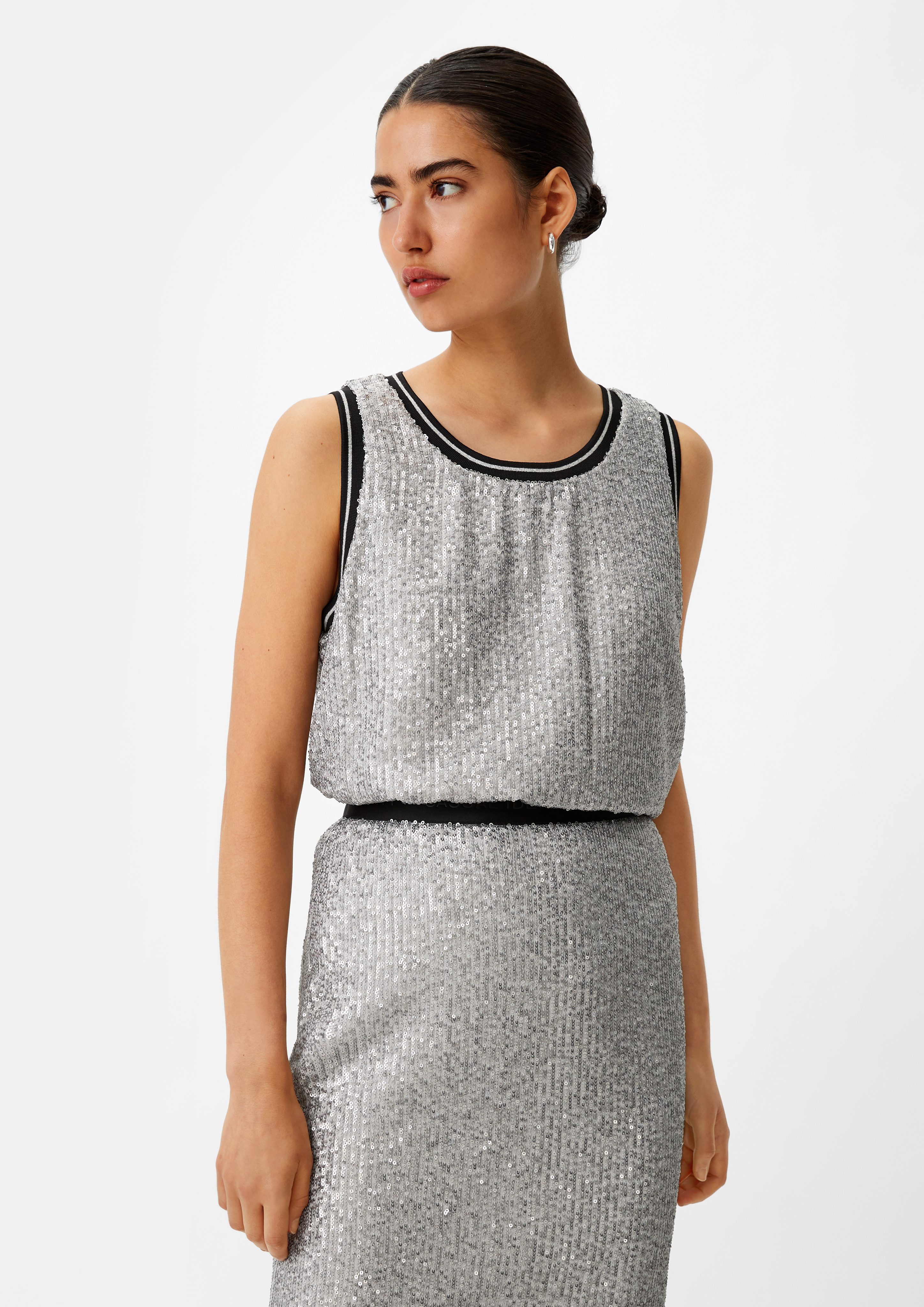 Bluse Pailletten, identity mit Blusentop silber casual Stickerei, Pailletten Rippbündchen, Glitzergarn comma