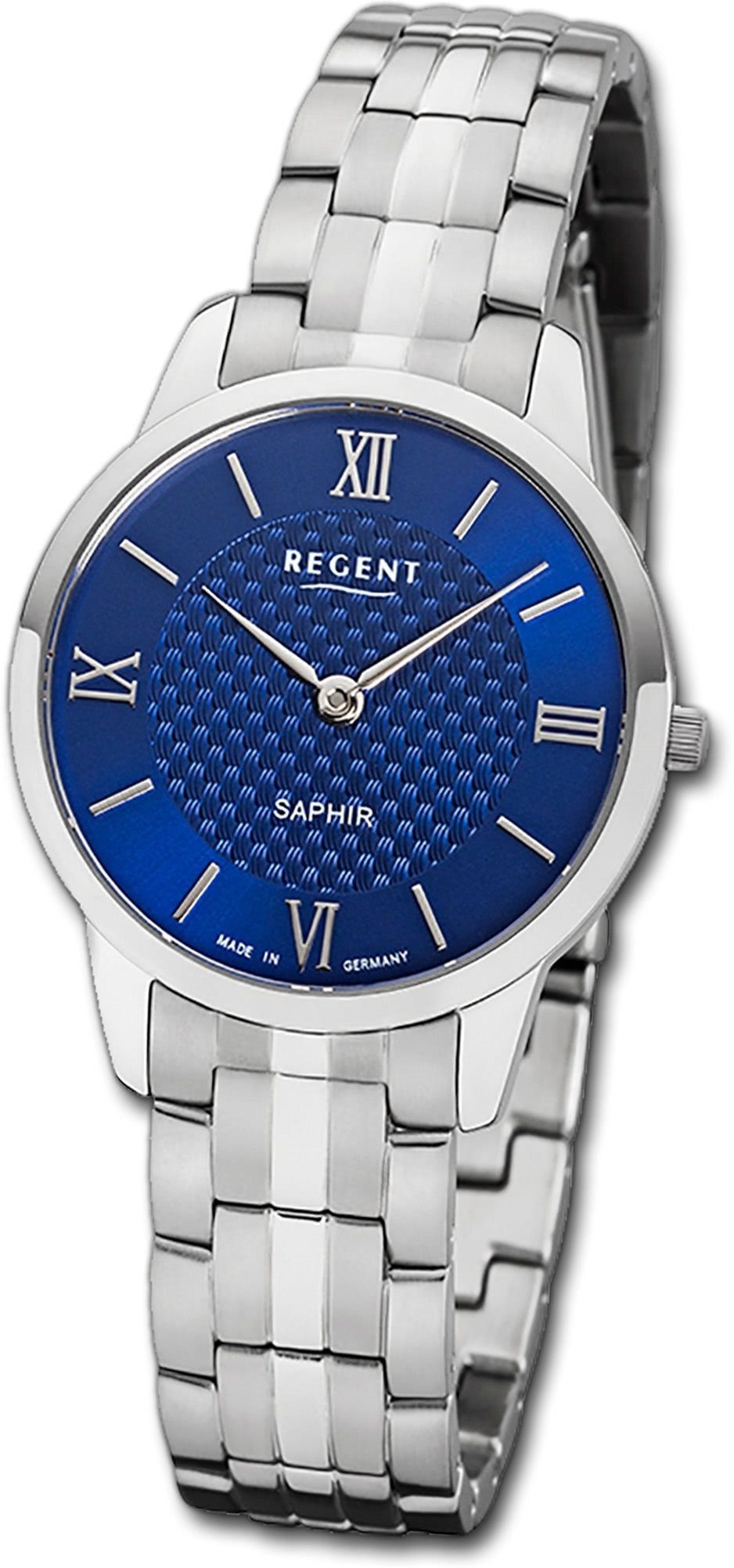 Regent Quarzuhr Regent Metall Damen Uhr GM-1625 Analog, Damenuhr Metallarmband, rundes Gehäuse, klein (ca. 30mm), blau