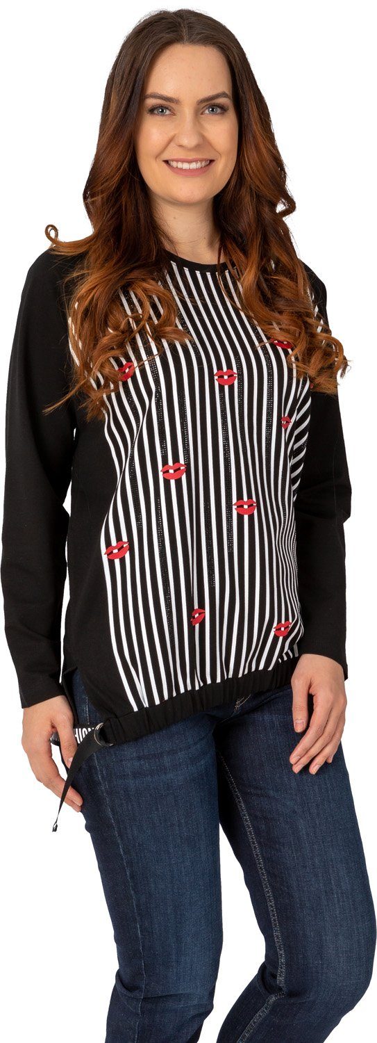 Langarmshirt 186-7132 mit Streifenprint und Strassbesatz