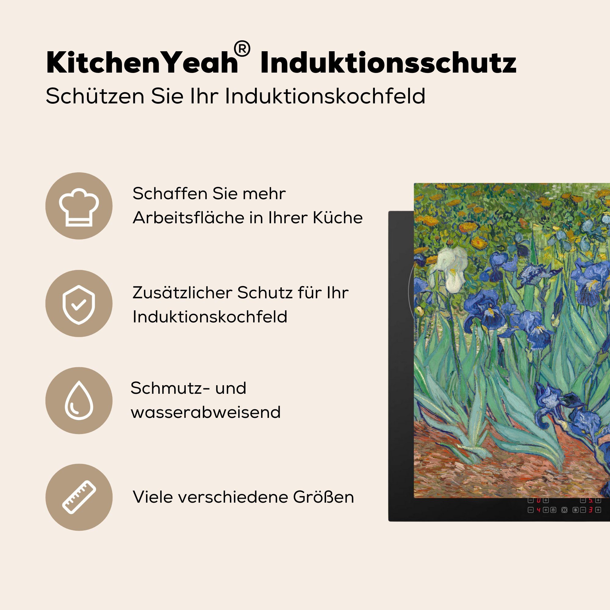 (1 tlg), 78x78 Ceranfeldabdeckung, cm, Schwertlilien Gemälde Herdblende-/Abdeckplatte küche Vincent Gogh, - Vinyl, Die für von Arbeitsplatte van MuchoWow