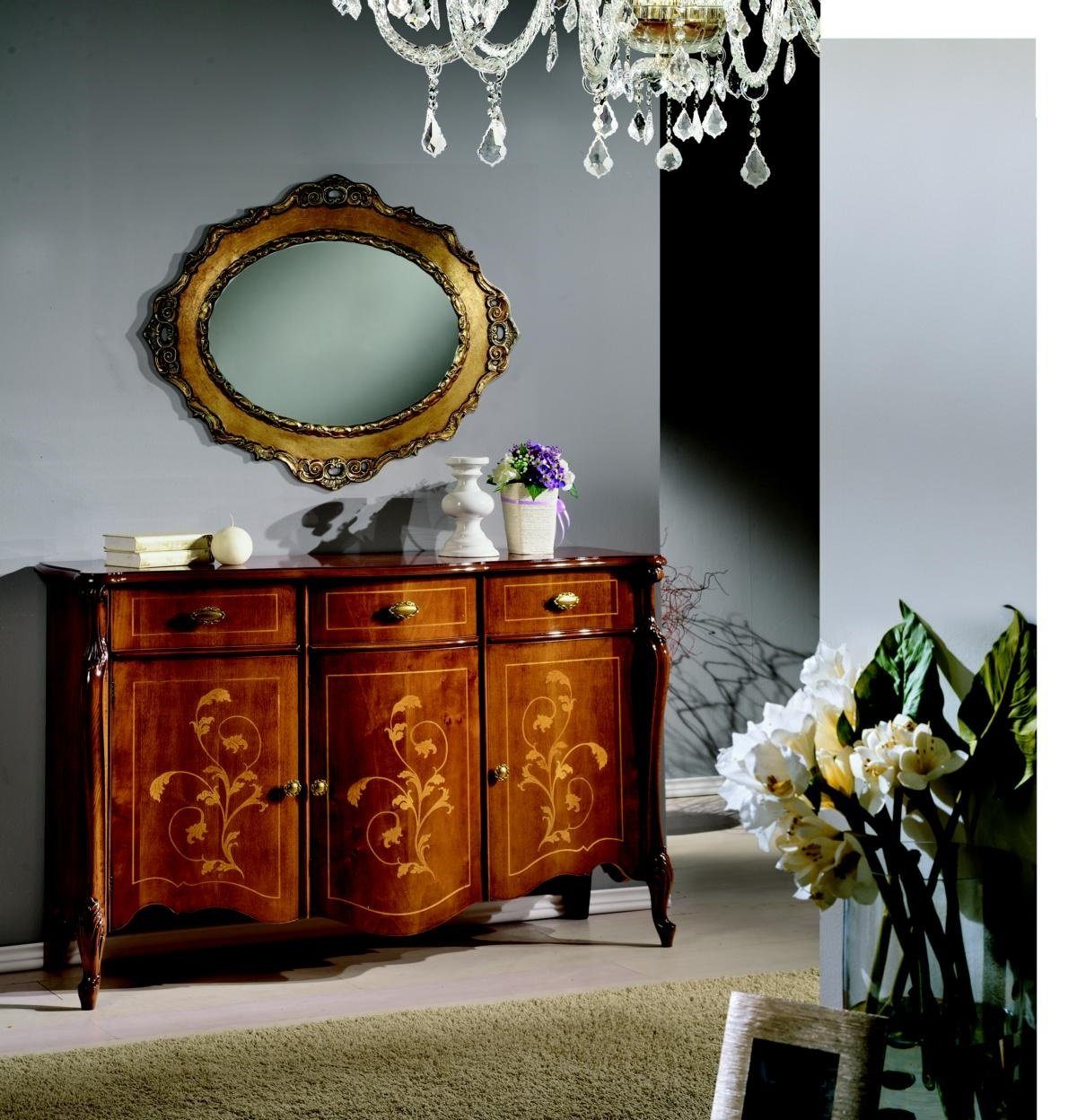 JVmoebel Wohnzimmer-Set Möbel Stil Barock 2tlg Set Luxus Holz Italienische Möbel Kommode mit Spiegel | Wohnwände