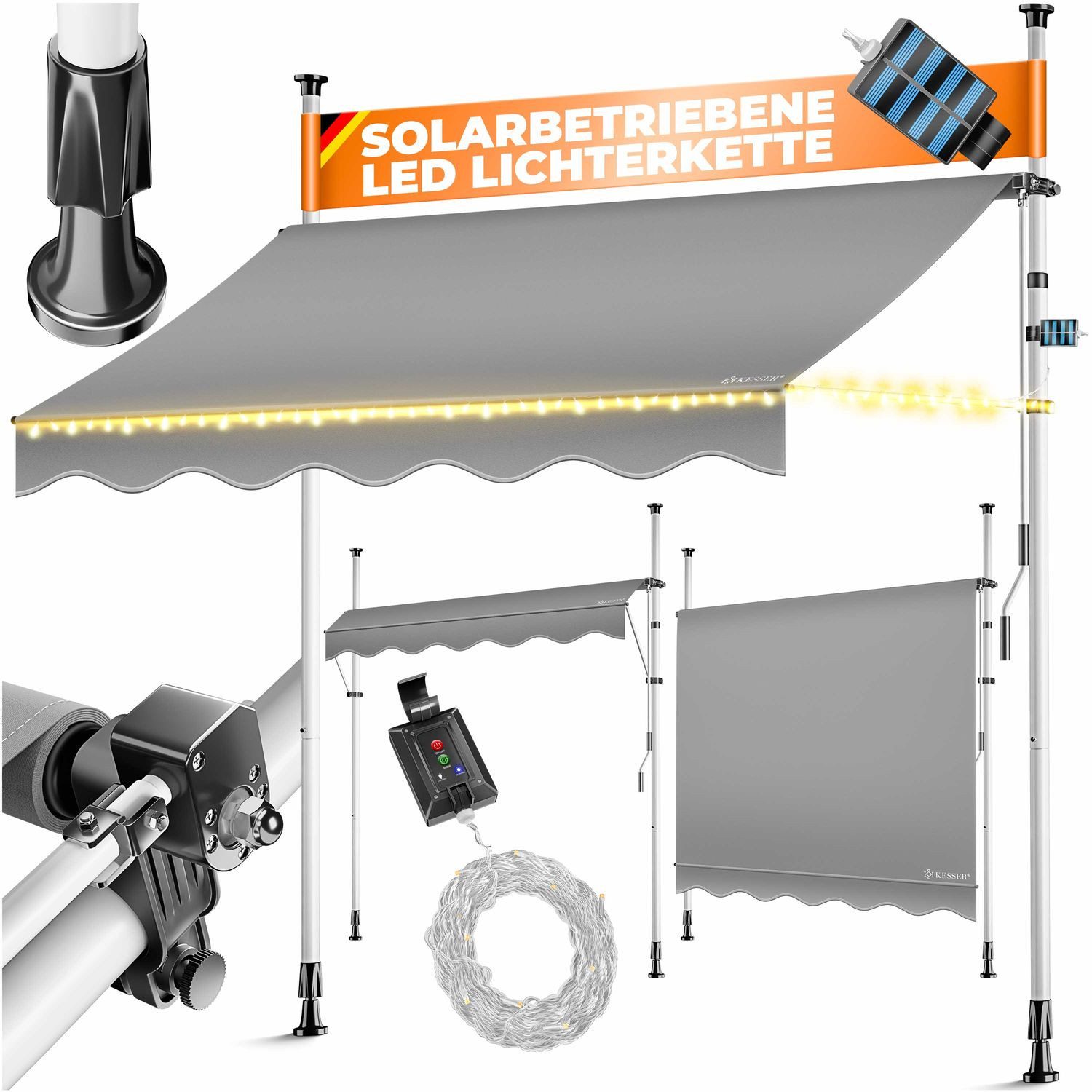 KESSER Klemmmarkise mit Handkurbel & LED, 150x180cm Balkonmarkise ohne Bohr günstig online kaufen