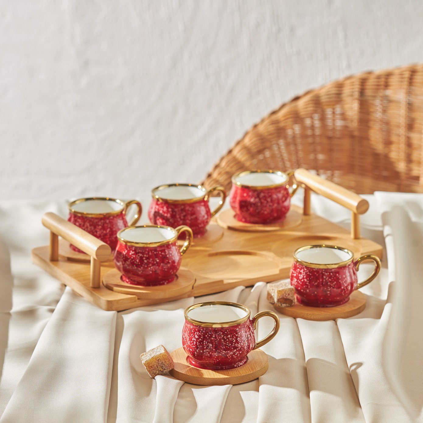 Karaca Kaffeeservice Bambus Tablett 6 Person Rot Kaffeetasse Set 90 ml