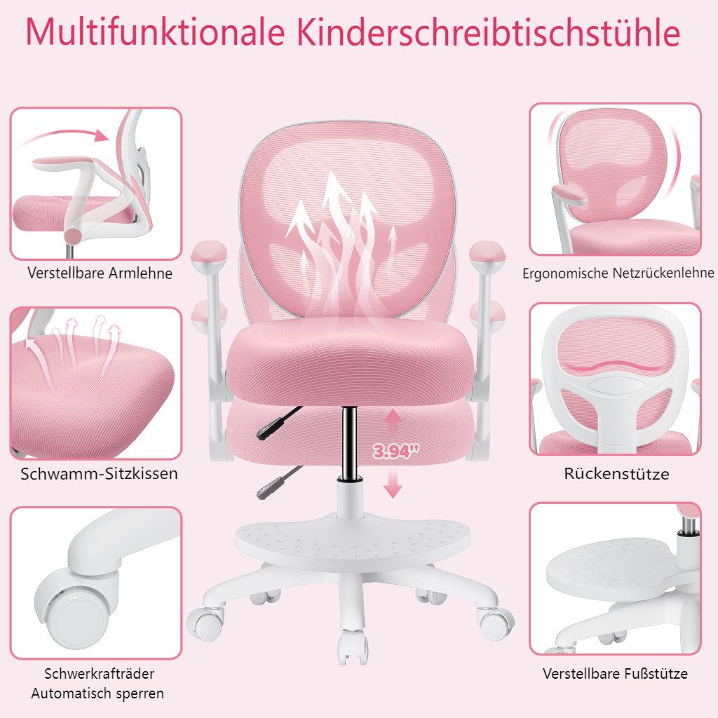 Insma Drehstuhl Kinder Schreibtischstuhl ergonomisch höhenverstellbar (mit klappbaren Armlehnen, Fußstütze und 5 feststellbarer Rollen), von 3-12 Jahre, Maximale Tragfähigkeit 158kg