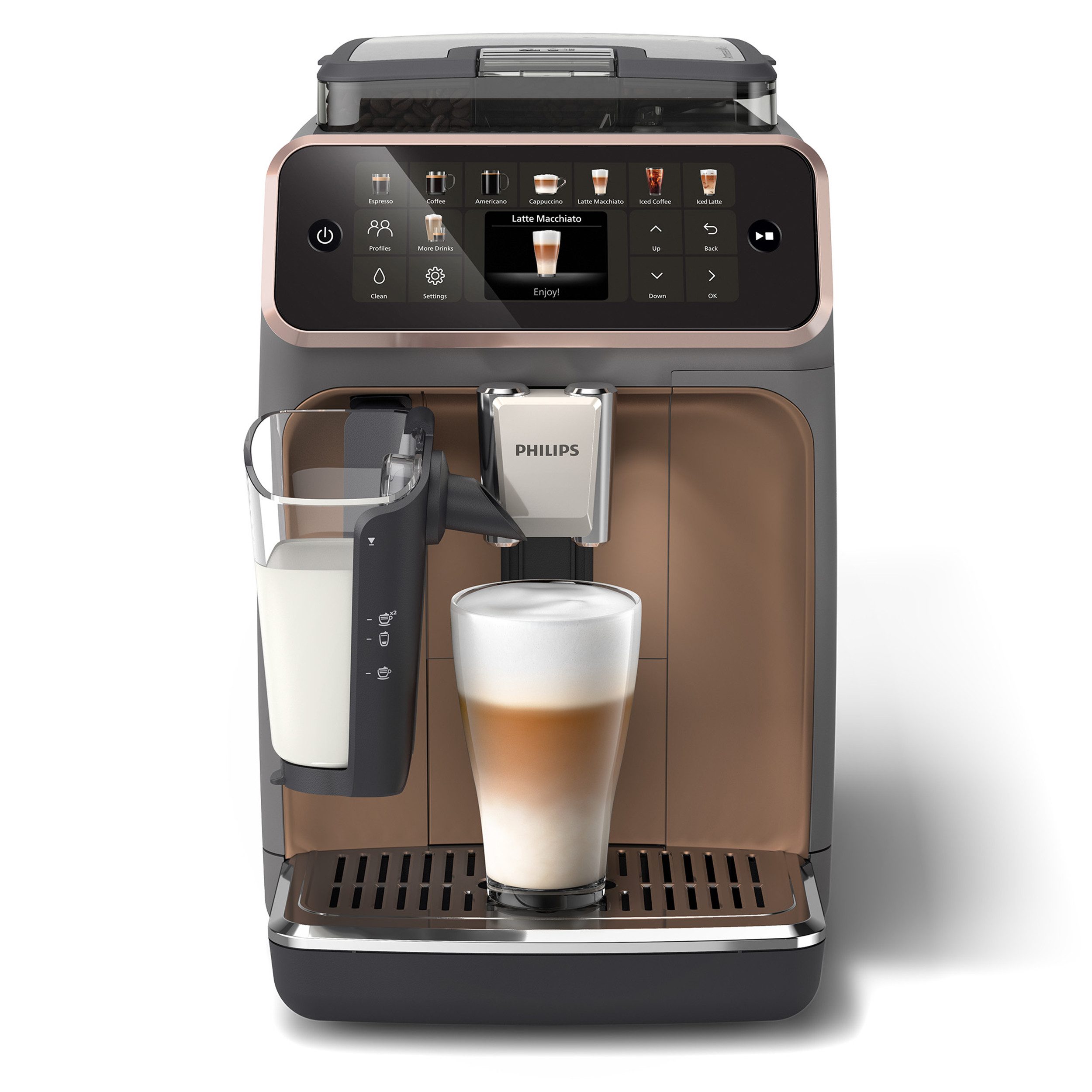 Philips Kaffeevollautomat EP5544/80 5500 Series, 20 Kaffeespezialitäten (heiß oder eisgekühlt), LatteGo-Milchsystem, SilentBrew Technologie, Grau/Kupfer