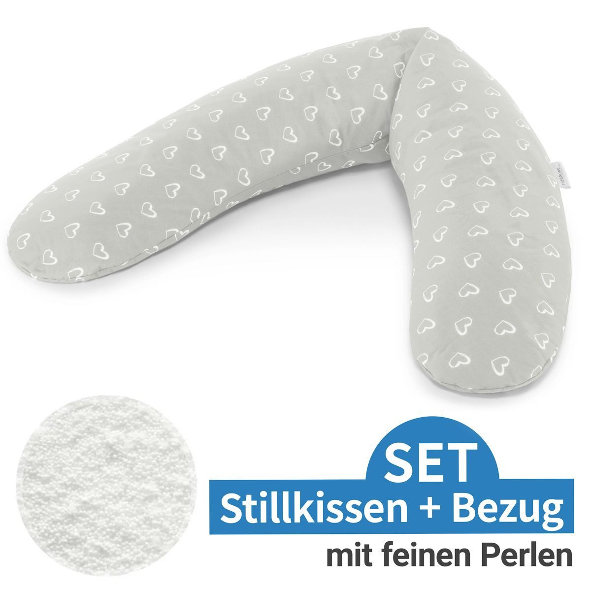 Theraline Stillkissen Das Komfort - Herzen - Grau, 2-tlg., Lagerungskissen Schwangerschaftskissen inkl. Bezug (Baumwolle) 180 cm