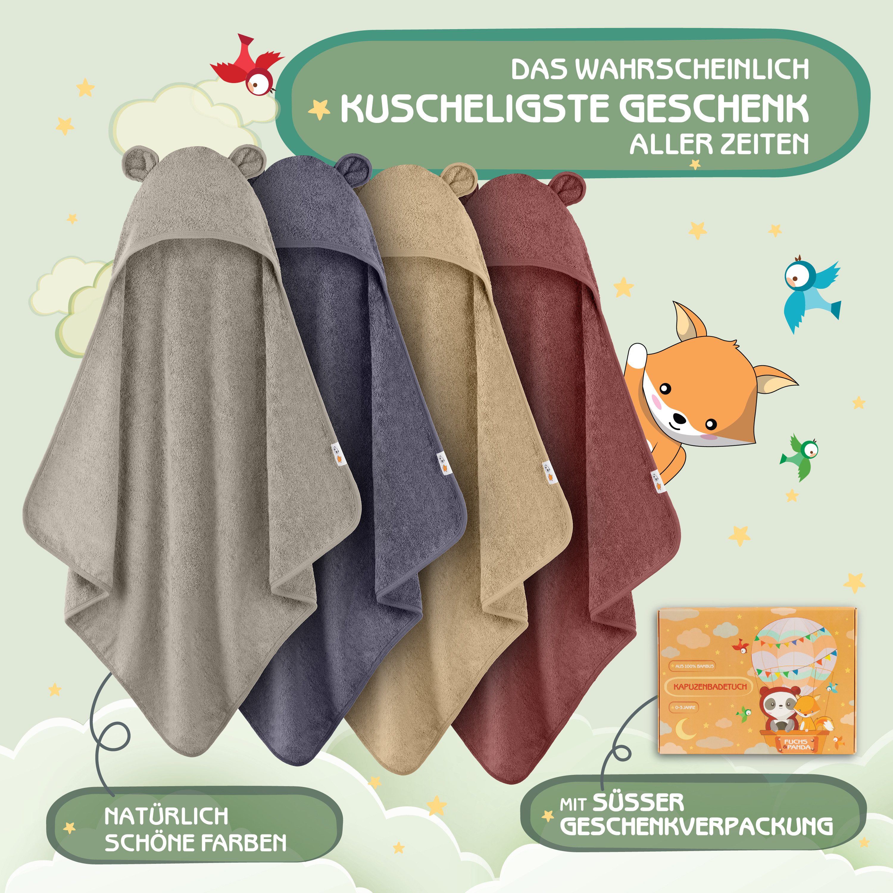 Fuchs & Panda Kapuzenhandtuch Kapuzenhandtuch Baby EXTRA dick, warm & weich aus 100% Bambus, 100% Bambus: Antimikrobiell, Atmungsaktiv, Hypoallergen, Superweich