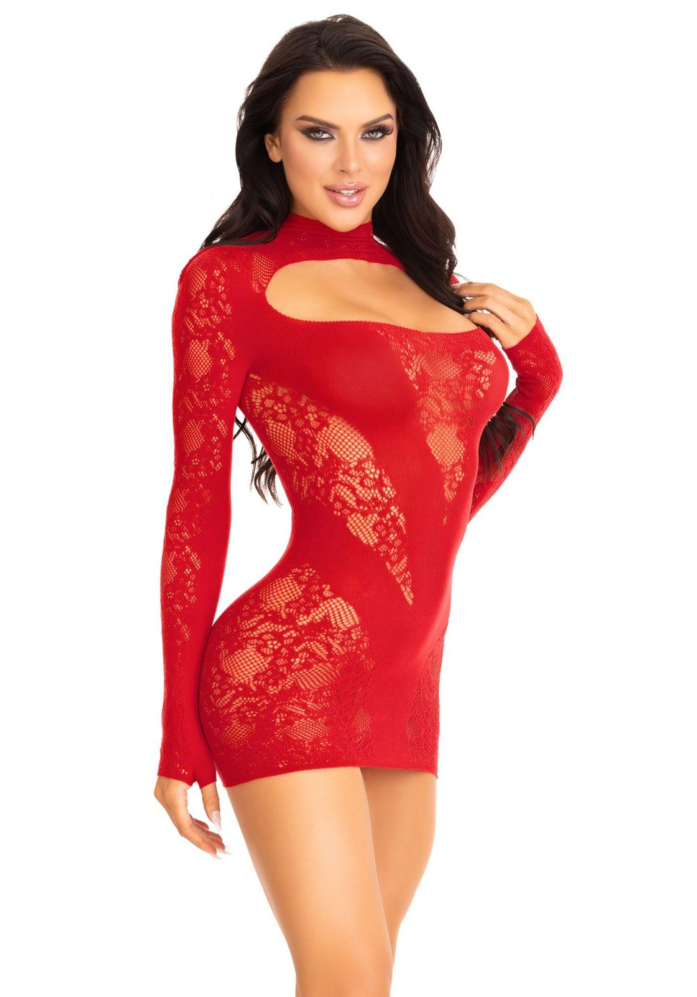 Leg Avenue Ärmeln rot langen mit Netz - u Mini-Kleid Minikleid Spitze