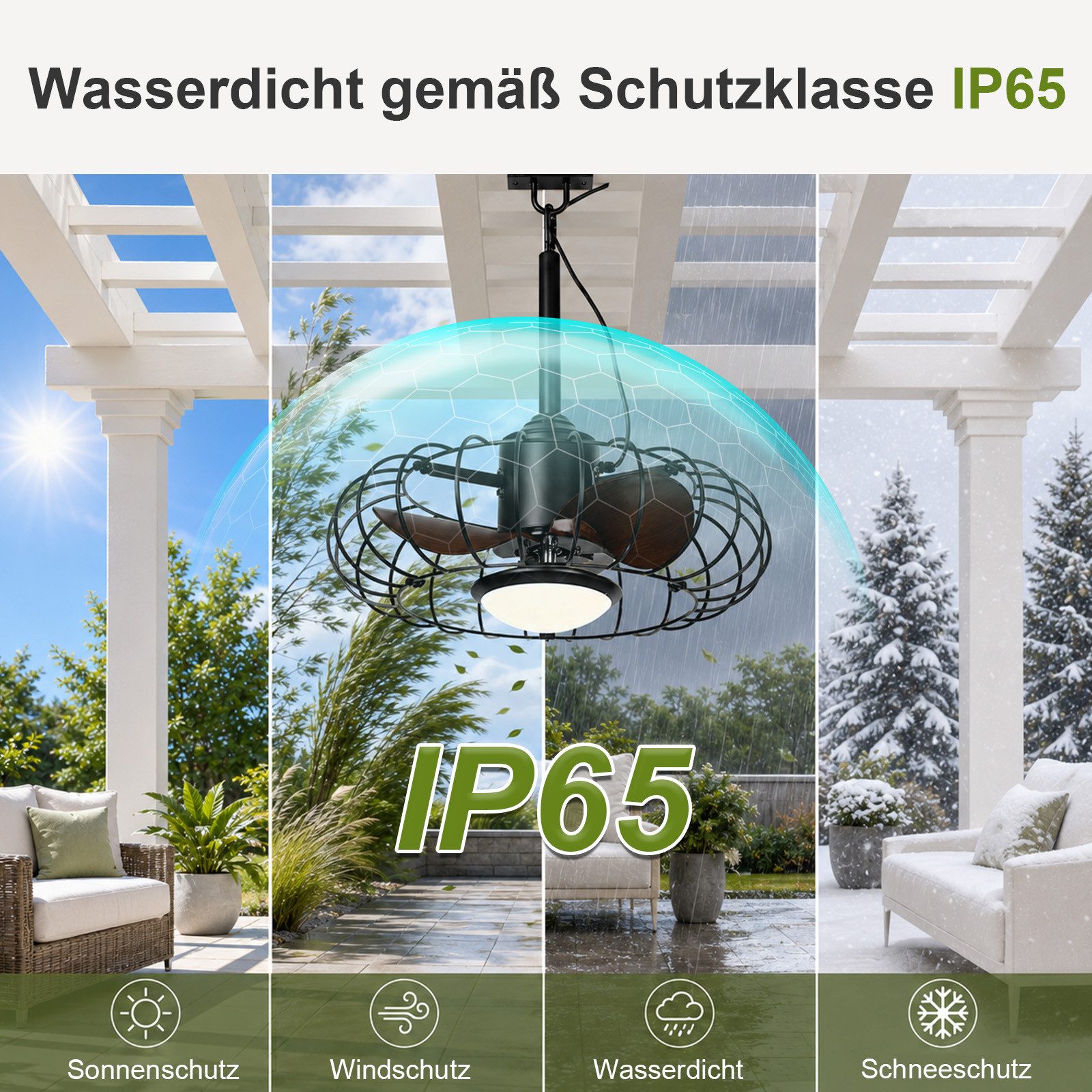 Lapamax Deckenventilator IP65 Wasserdicht Outdoor Deckenventilator mit Beleuchtung für Außen, Dimmbar+3 Farbtemperaturen, 6 Geschwindigkeitsstufen für Terrassen
