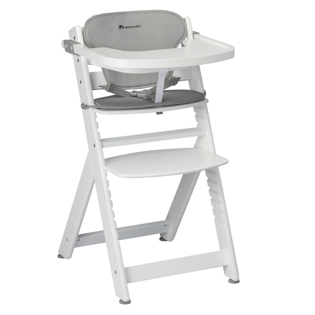 Bebeconfort Tischsitz Timba - White Gray, Mitwachsender Holz Baby Kinderhochstuhl mit Sitzauflage - verstellbar